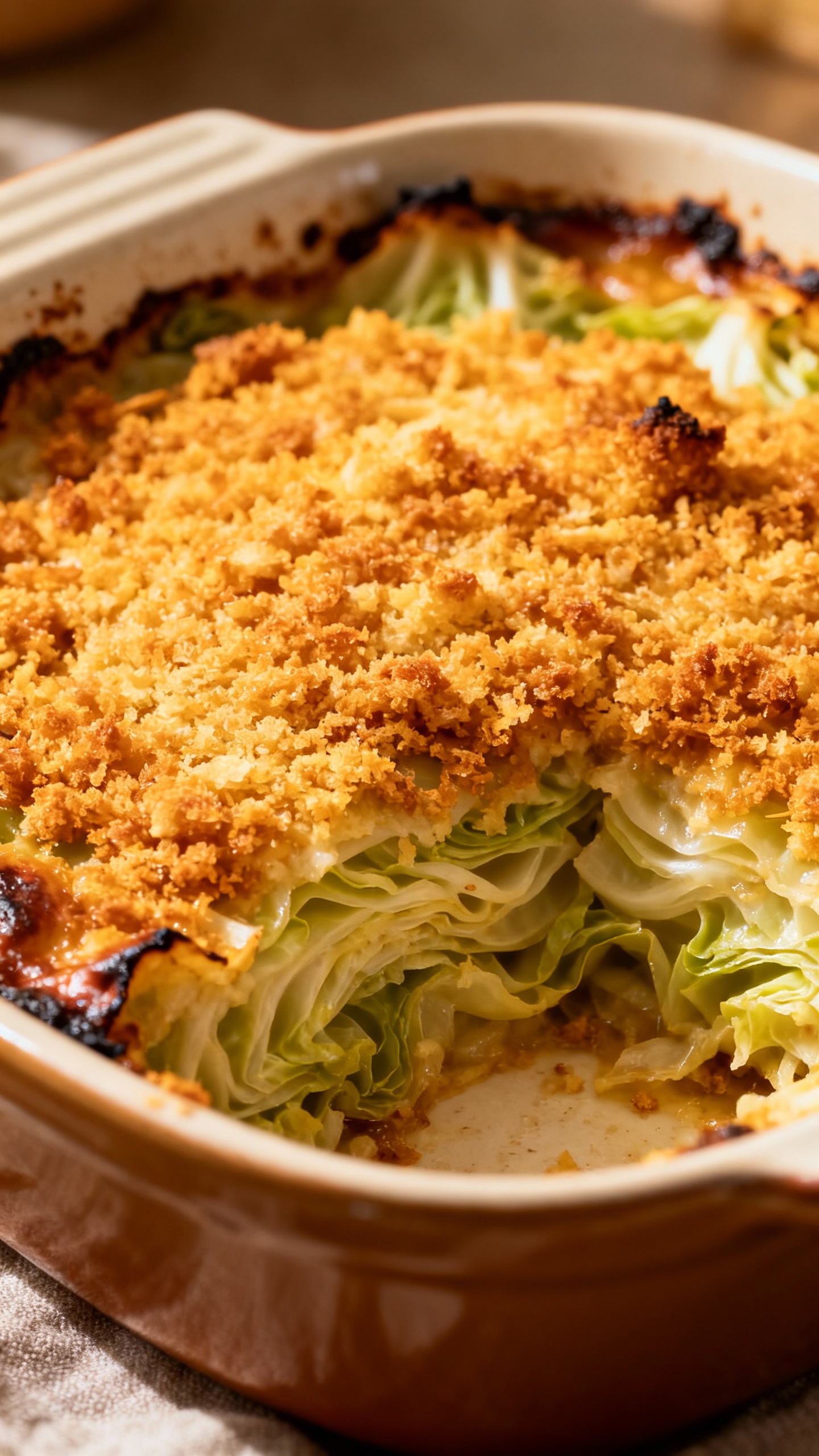 baked cabbage casserole with golden breadcrumb topping