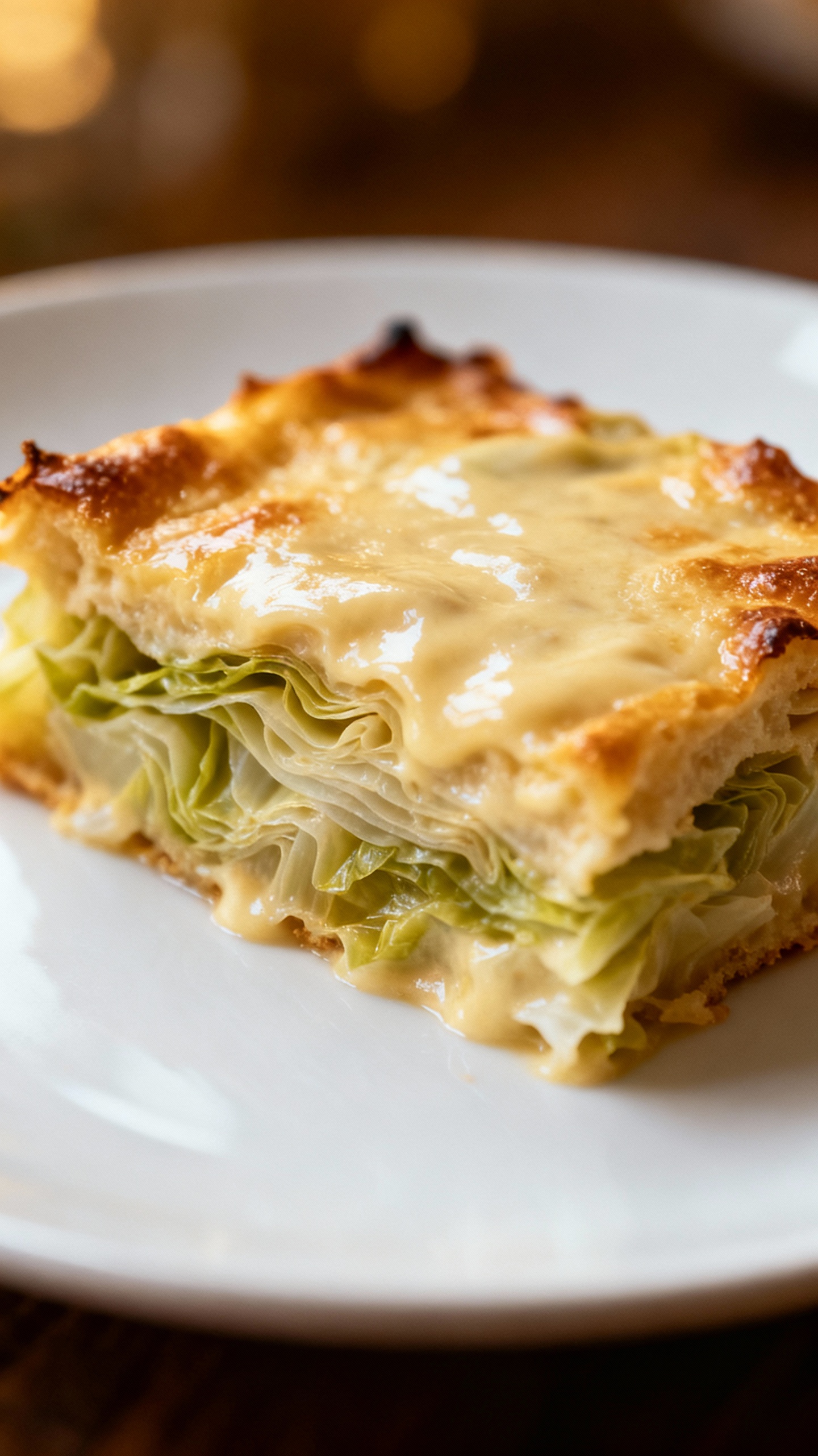 creamy cabbage casserole slice on white plate