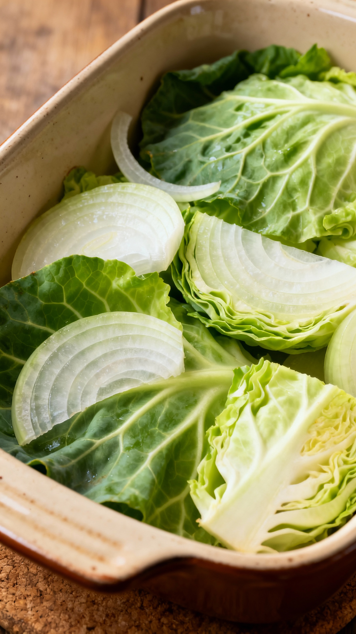 uncooked sliced green cabbage and onion in casserole dish
