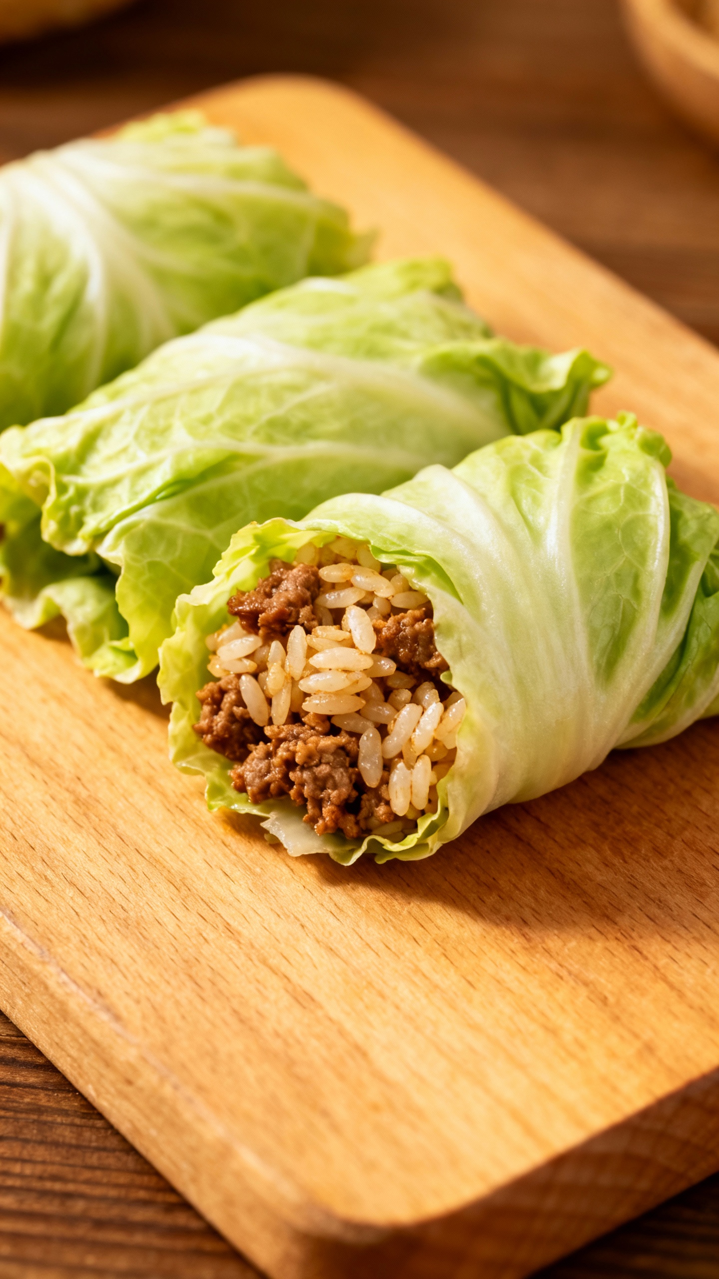 uncooked cabbage leaves with beef rice filling, wooden board