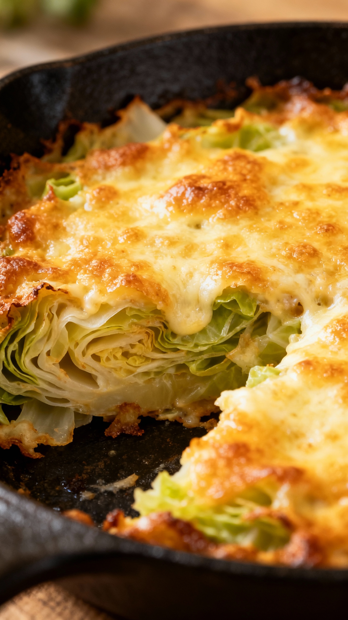 cheesy baked cabbage gratin in cast-iron skillet