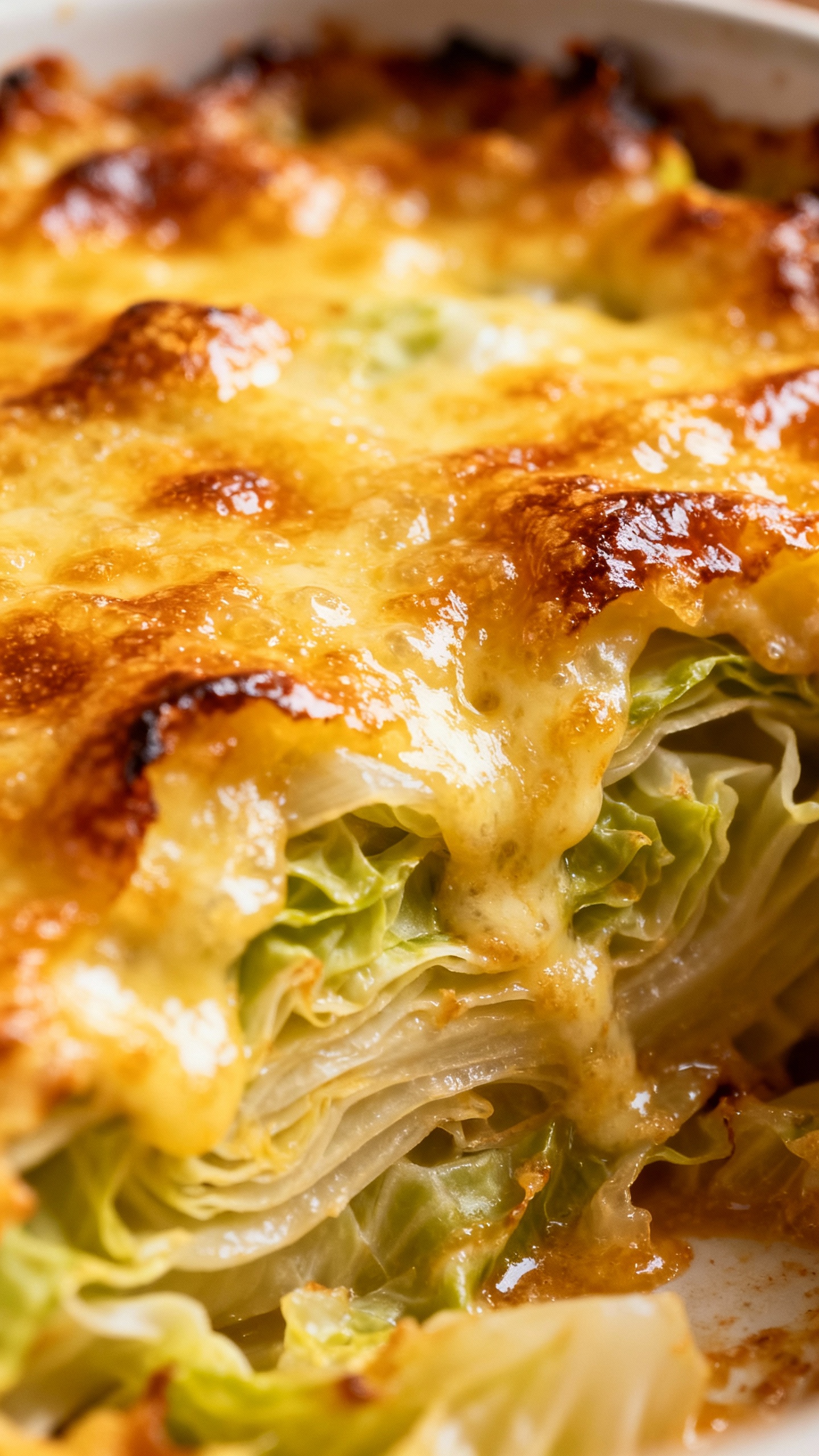 golden bubbly cabbage gratin close-up, caramelized edges