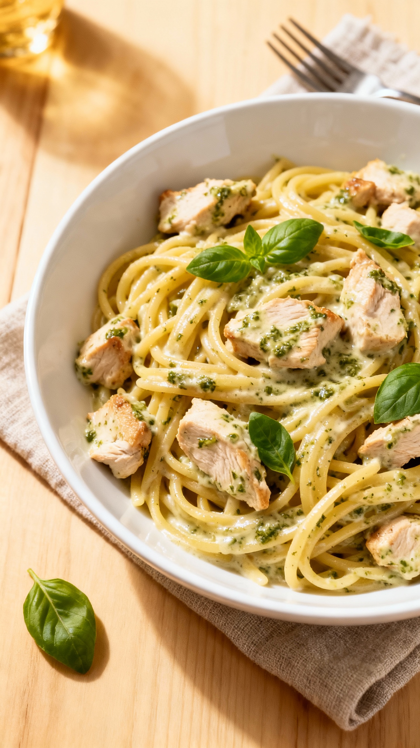 creamy chicken pesto pasta in white bowl, overhead