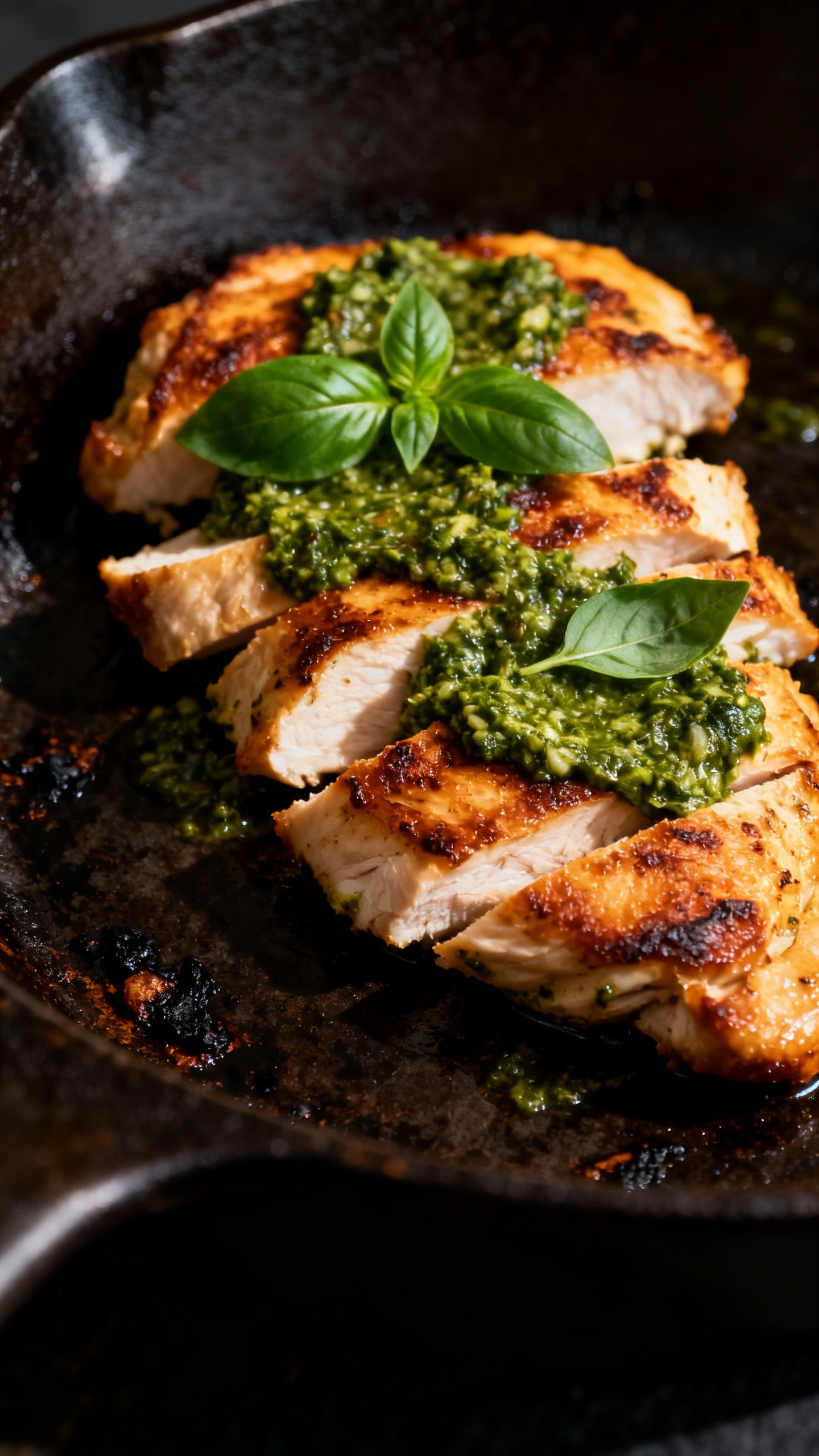 seared chicken slices with basil pesto on skillet, moody light