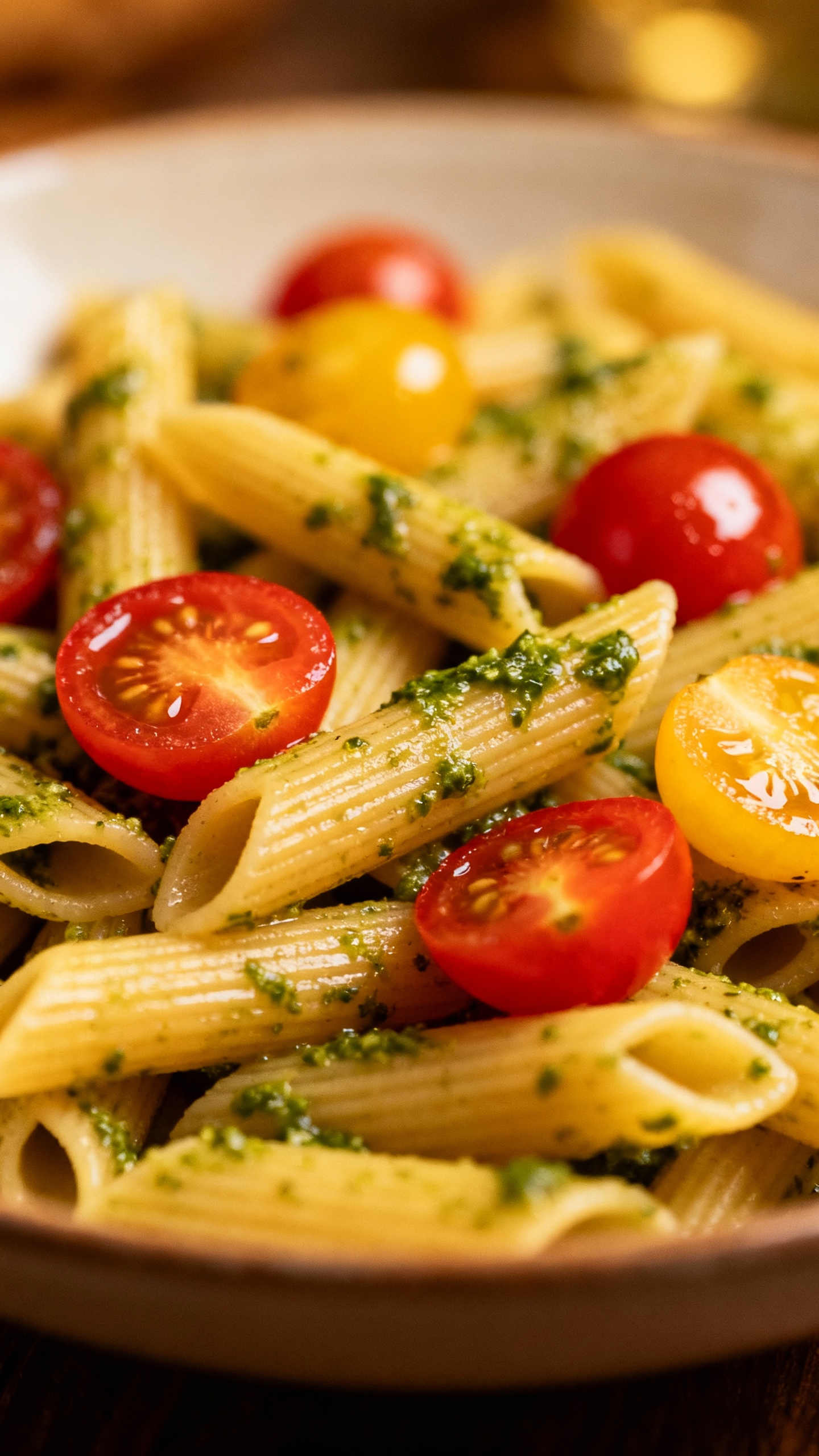 cooked penne tossed with pesto and cherry tomatoes, close-up