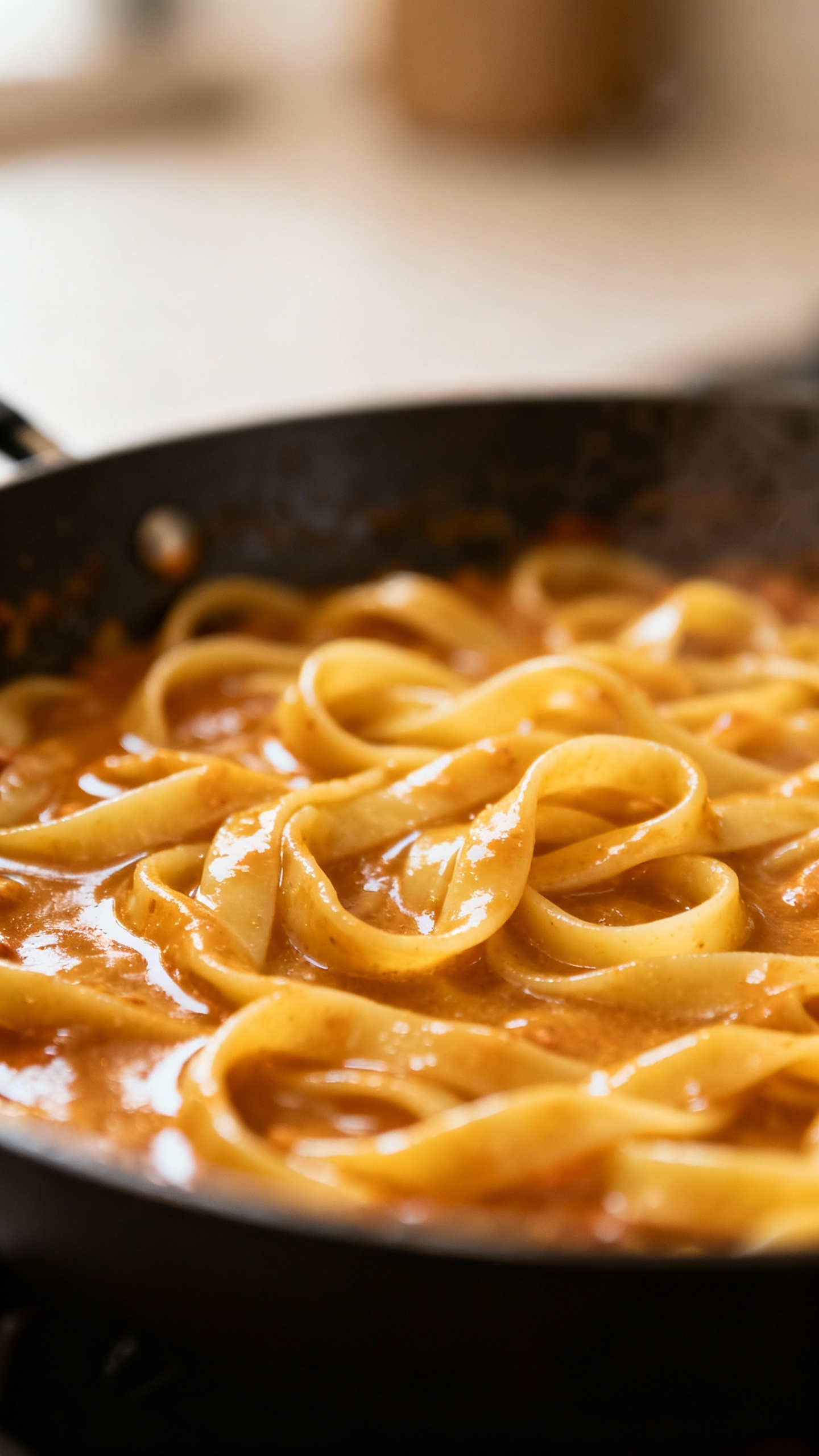 One-pot Italian pasta in skillet, glossy starchy sauce