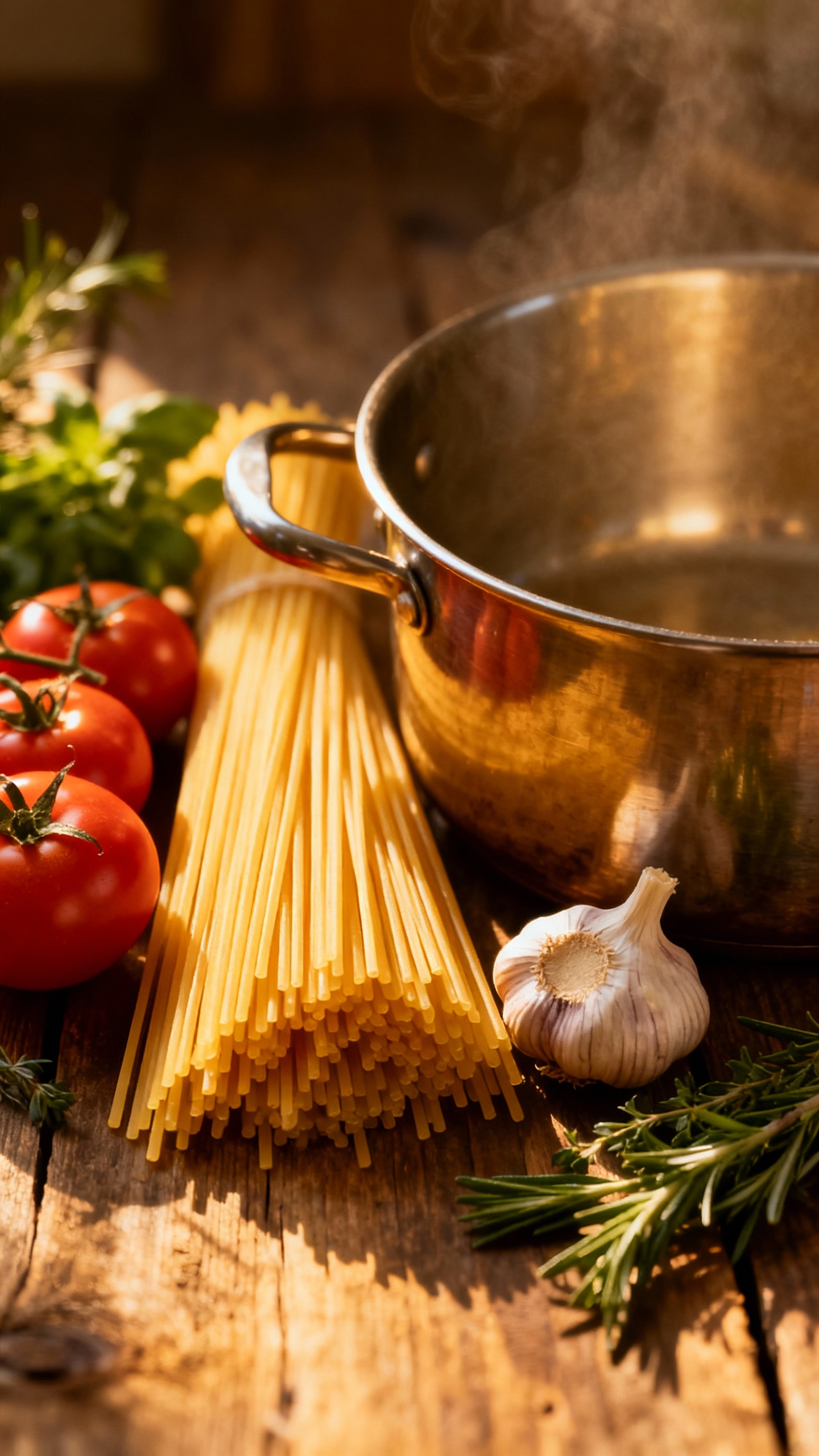 Dry spaghetti, tomatoes, garlic, herbs arranged beside single pot