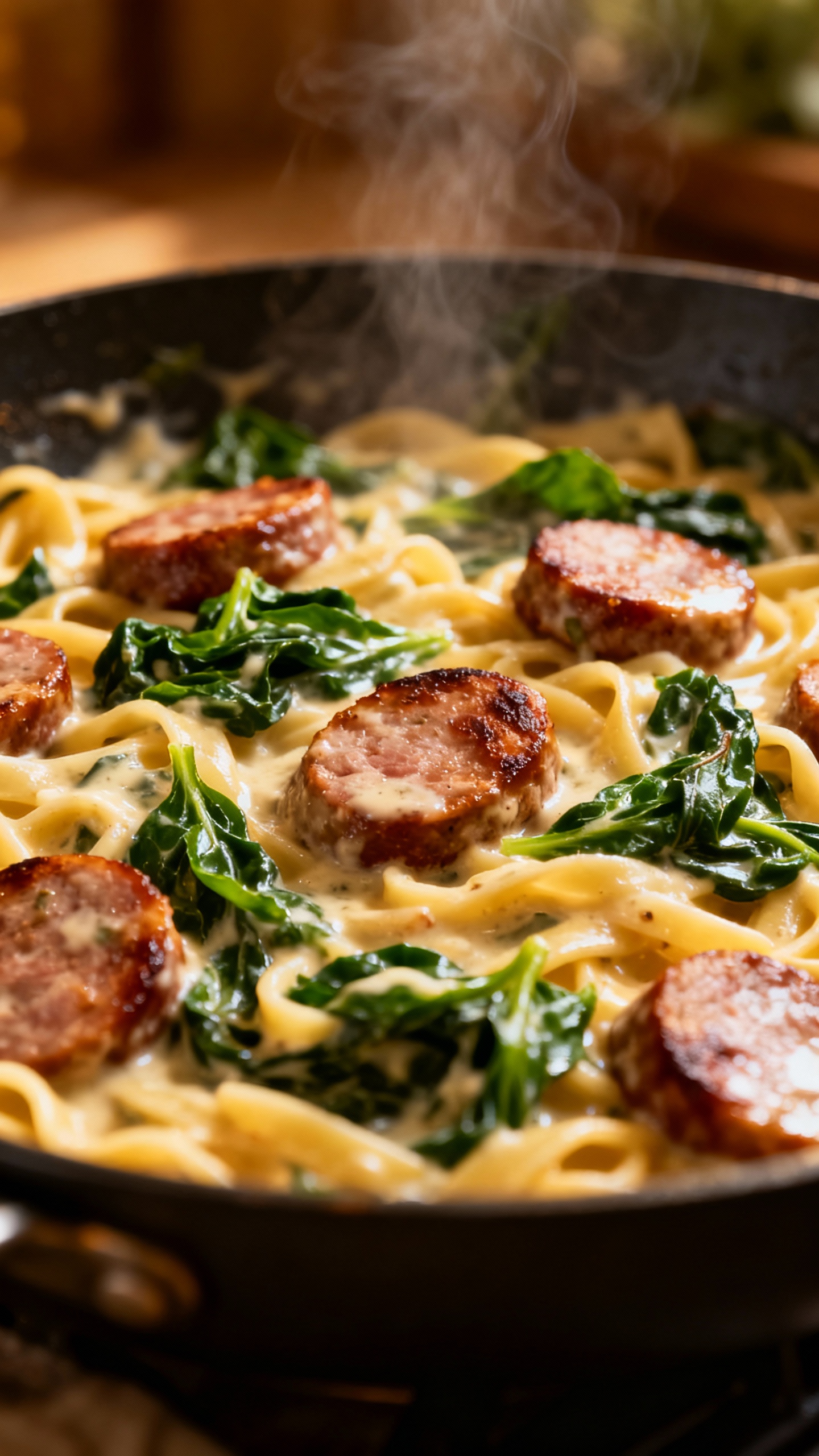 Italian sausage and spinach pasta in skillet, creamy sauce