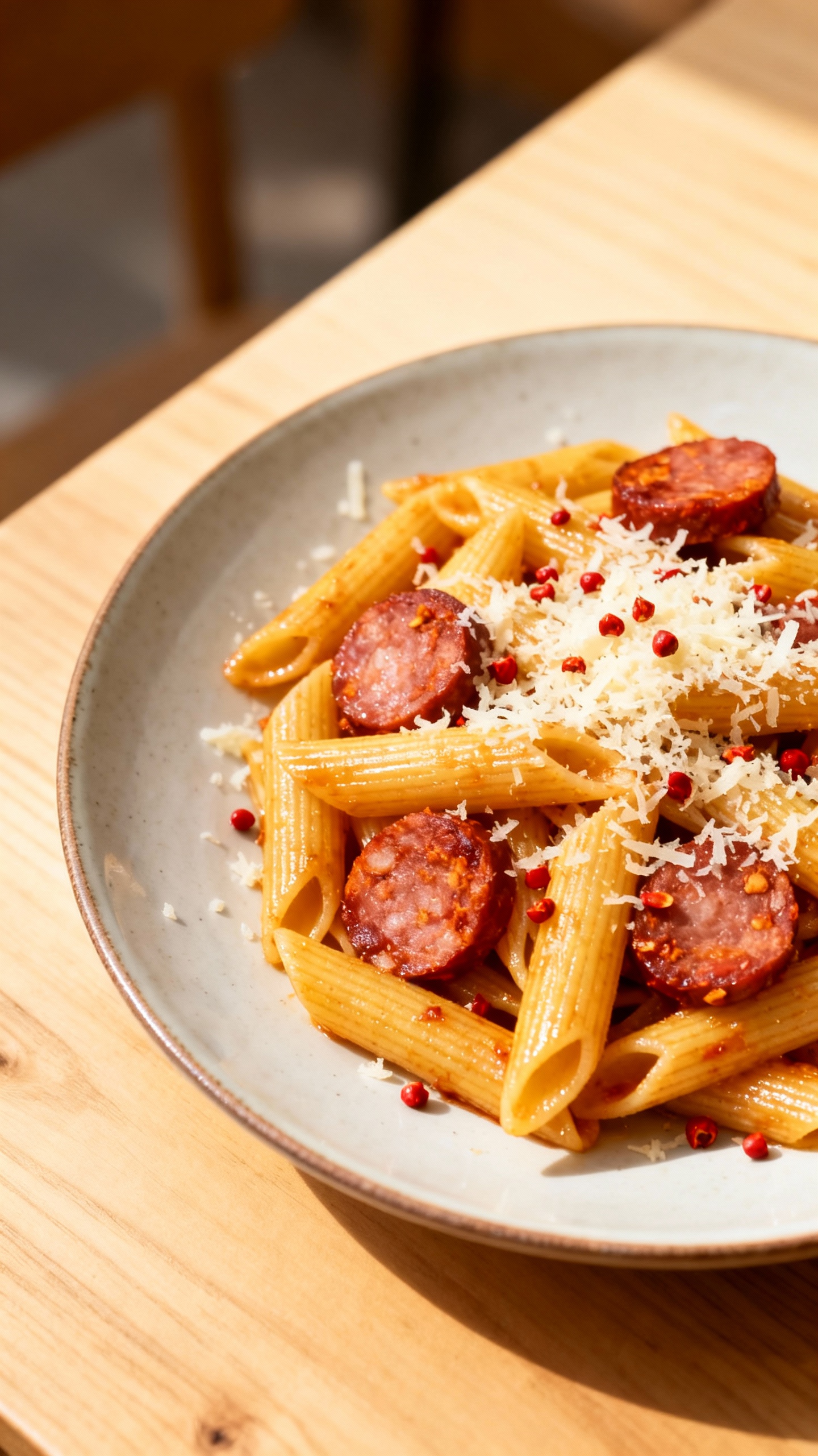 Overhead plate of penne, spicy sausage, parmesan, red pepper flakes