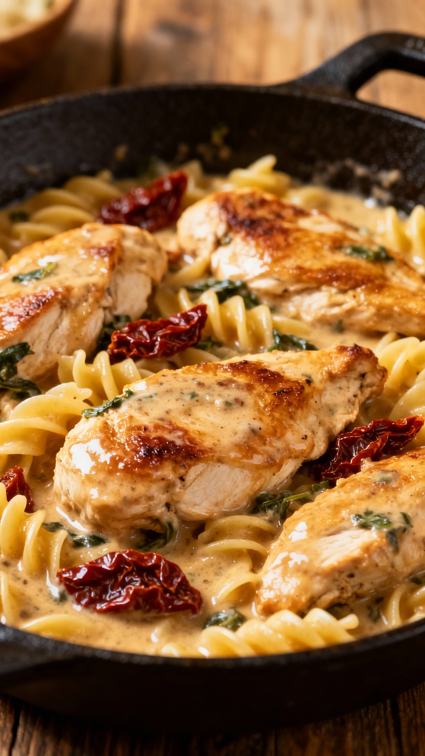 creamy tuscan chicken pasta in skillet, sun-dried tomatoes