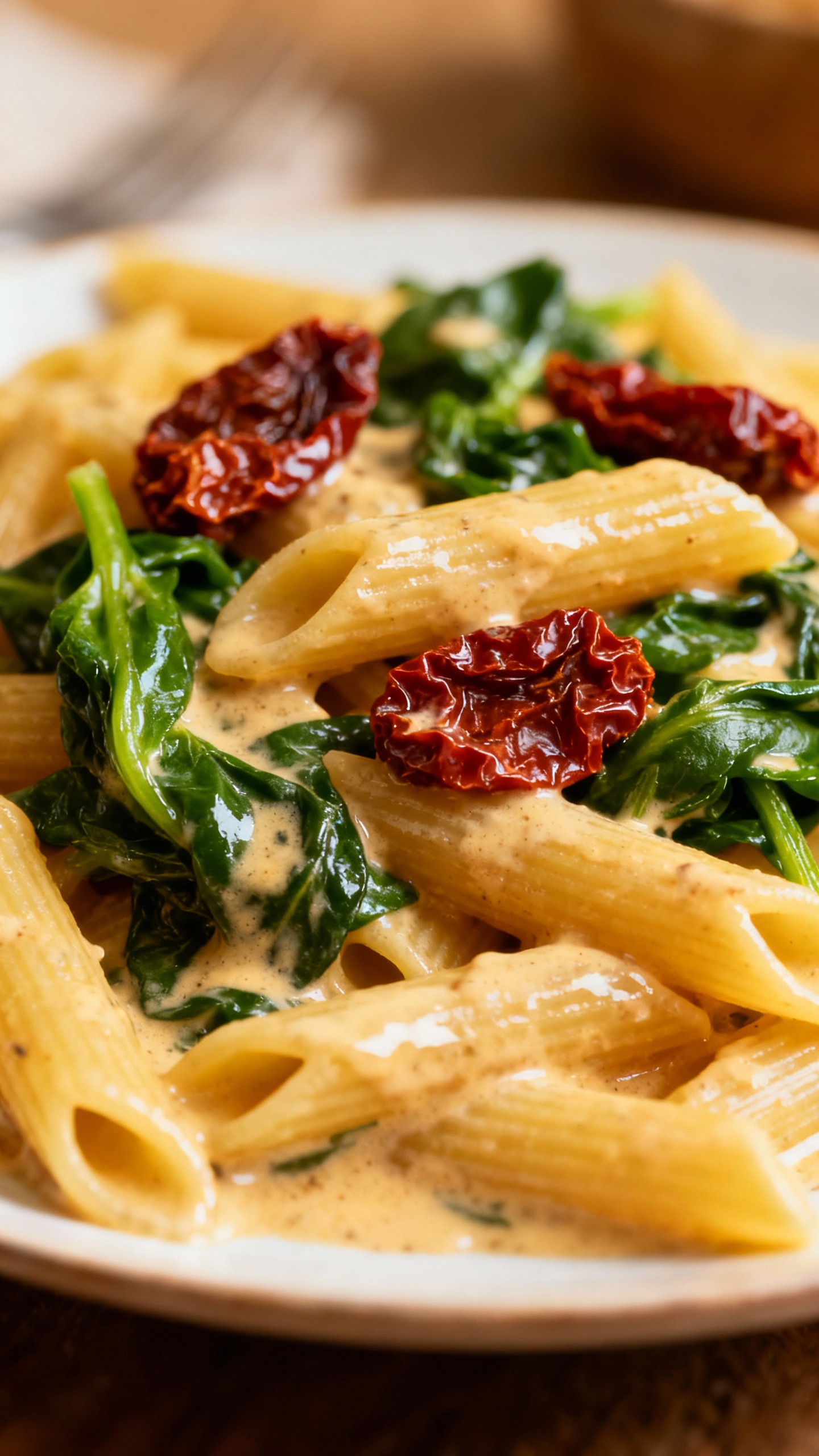 penne with spinach and sun-dried tomatoes, glossy cream sauce