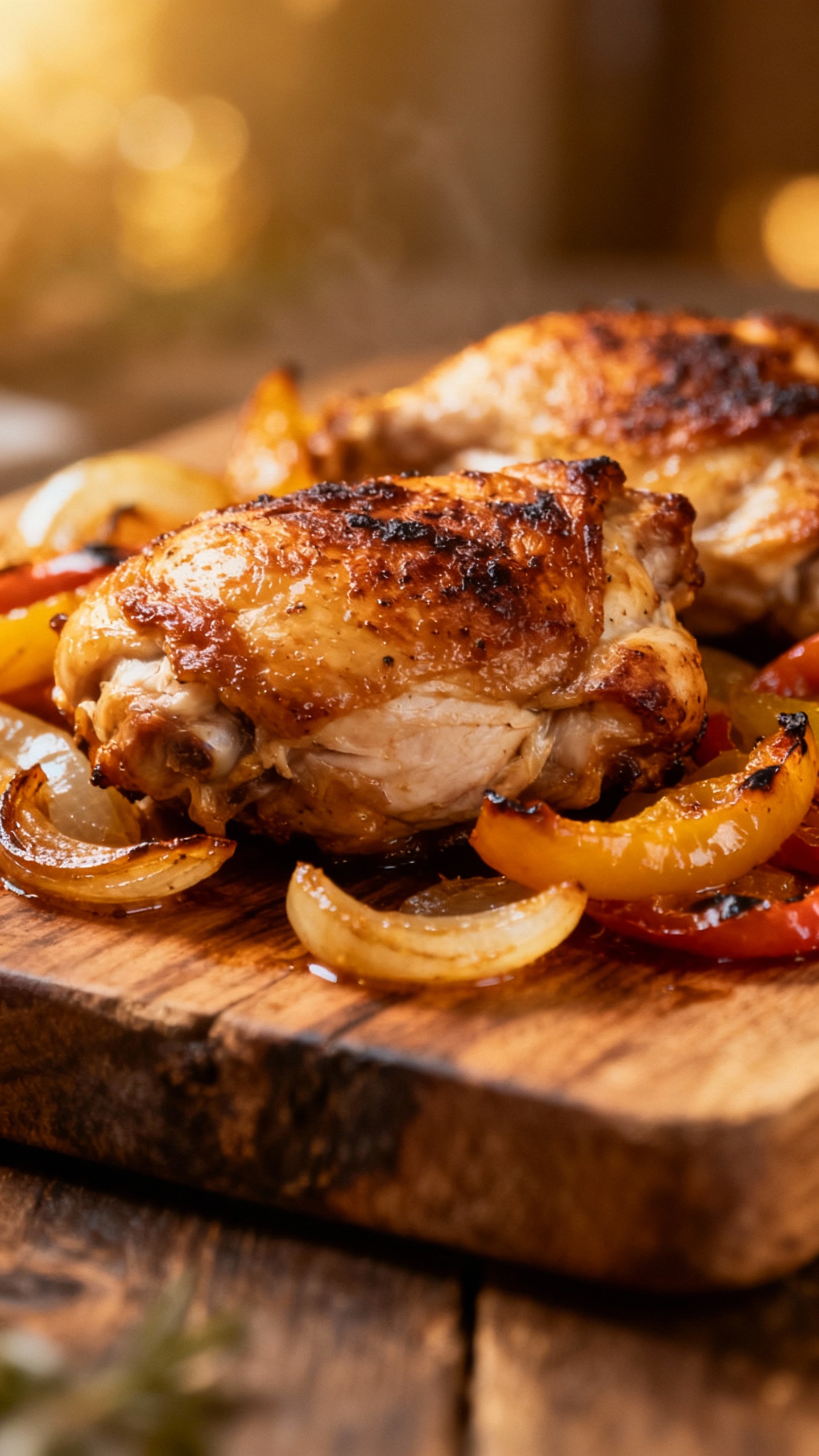 seared chicken thighs with caramelized peppers and onions