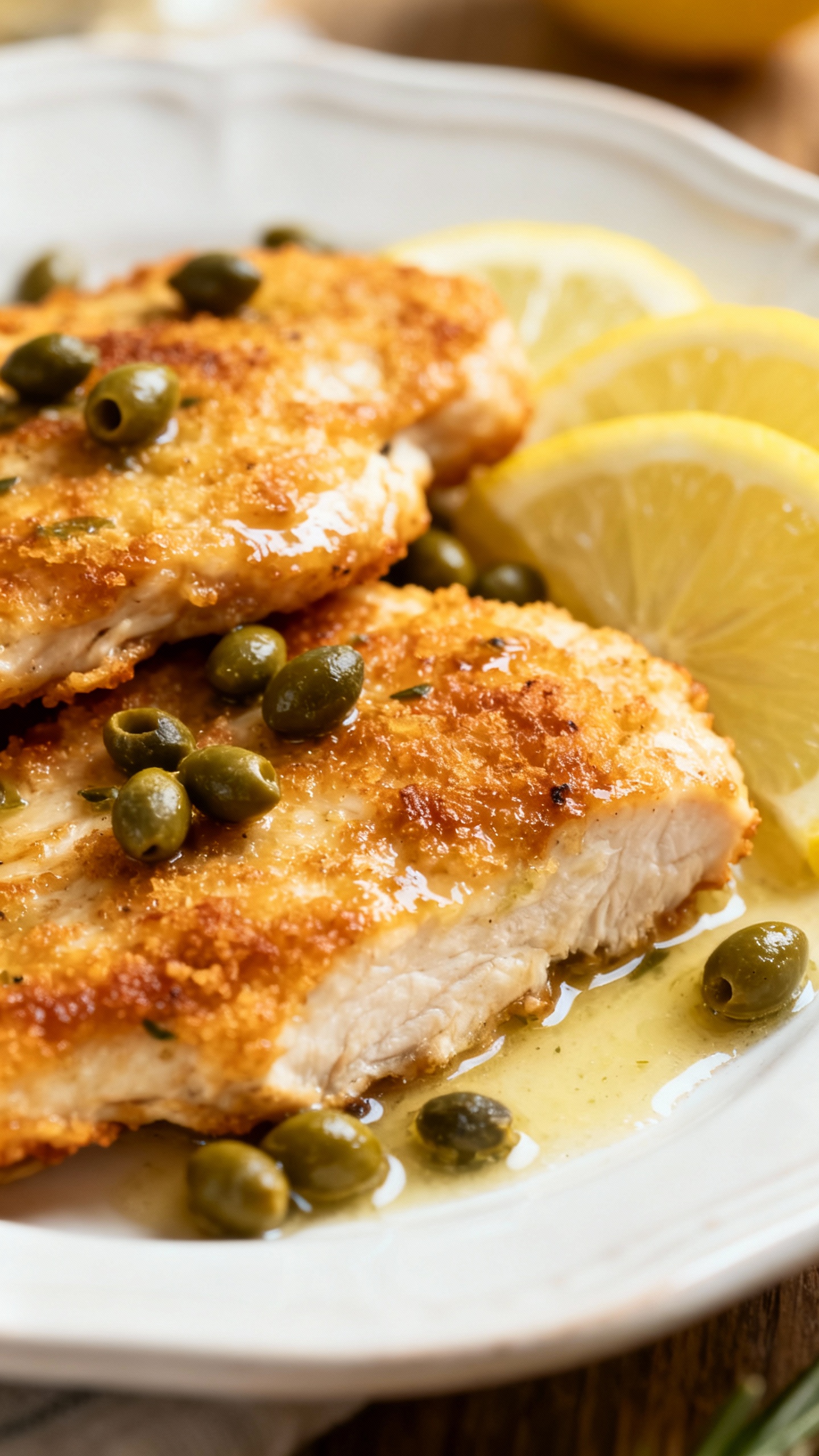 chicken piccata cutlets with capers and lemon slices