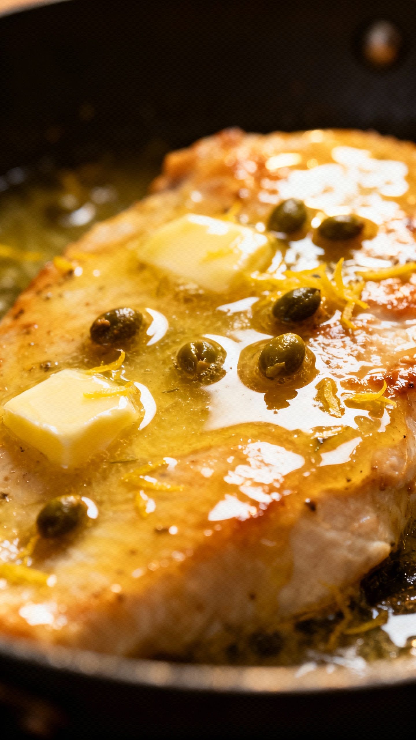 glossy pan sauce with butter, capers, and lemon