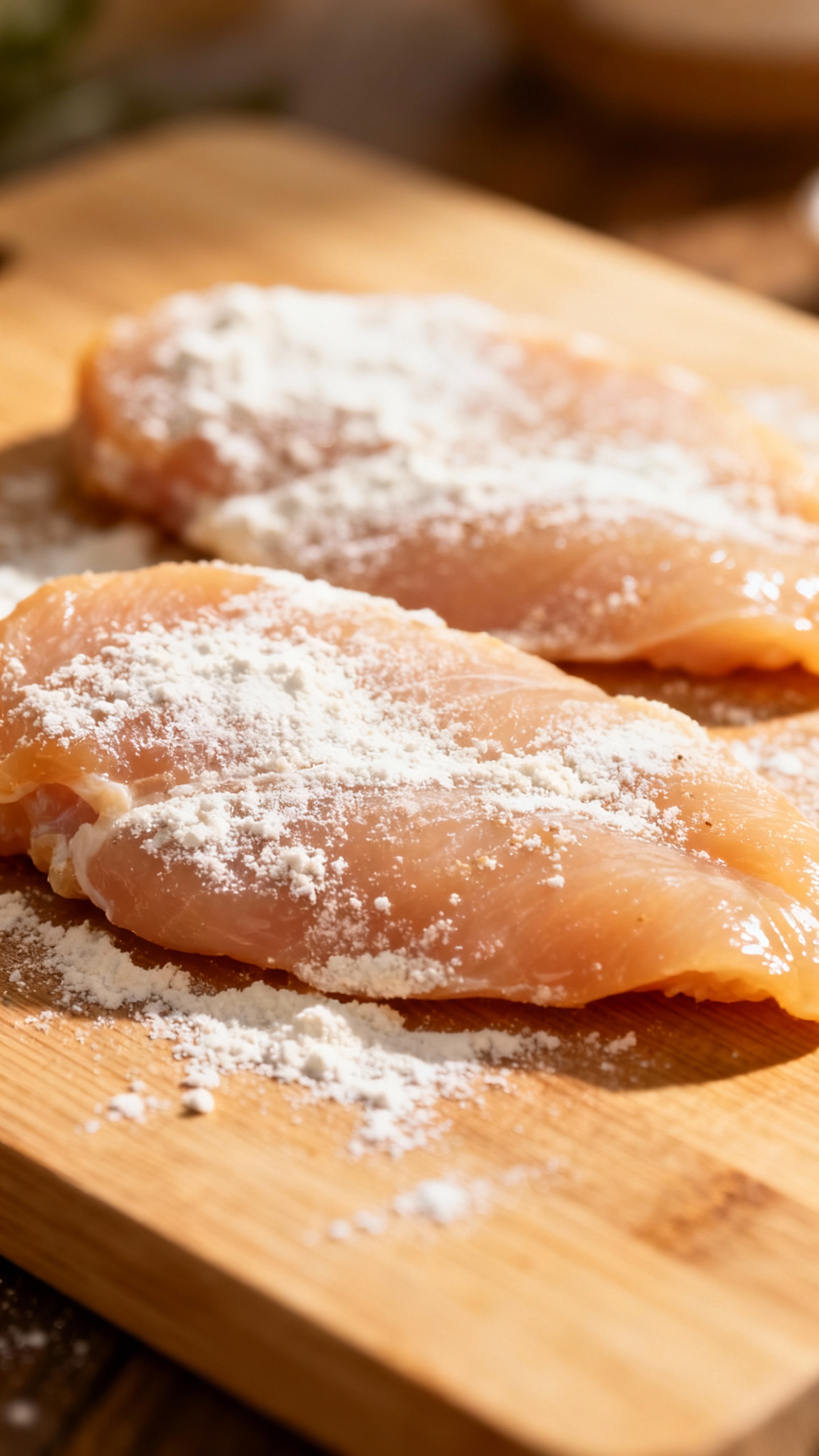 thin chicken cutlets lightly floured, ready for sautéing