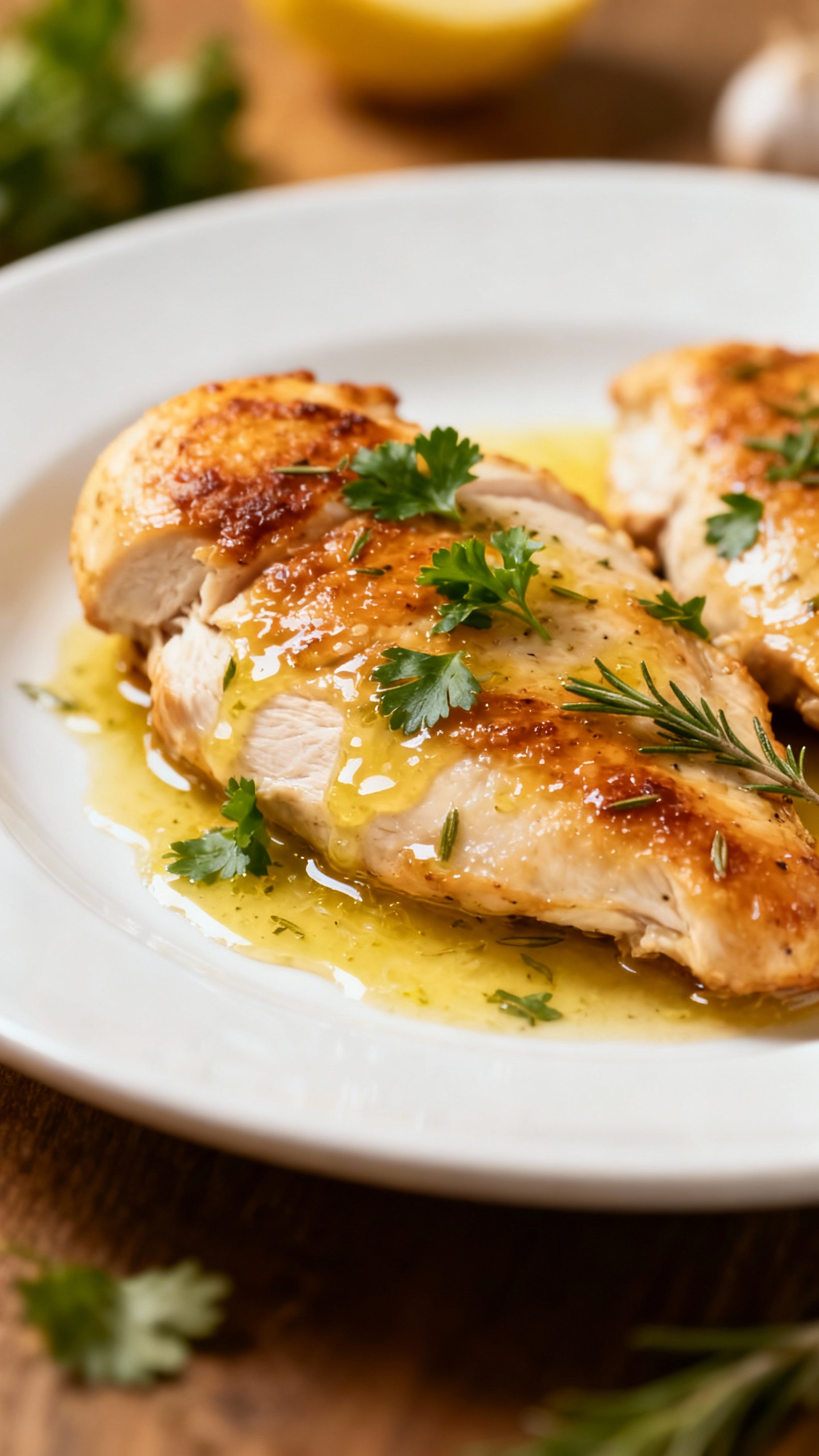 Lemon garlic chicken breast on white plate, herb garnish