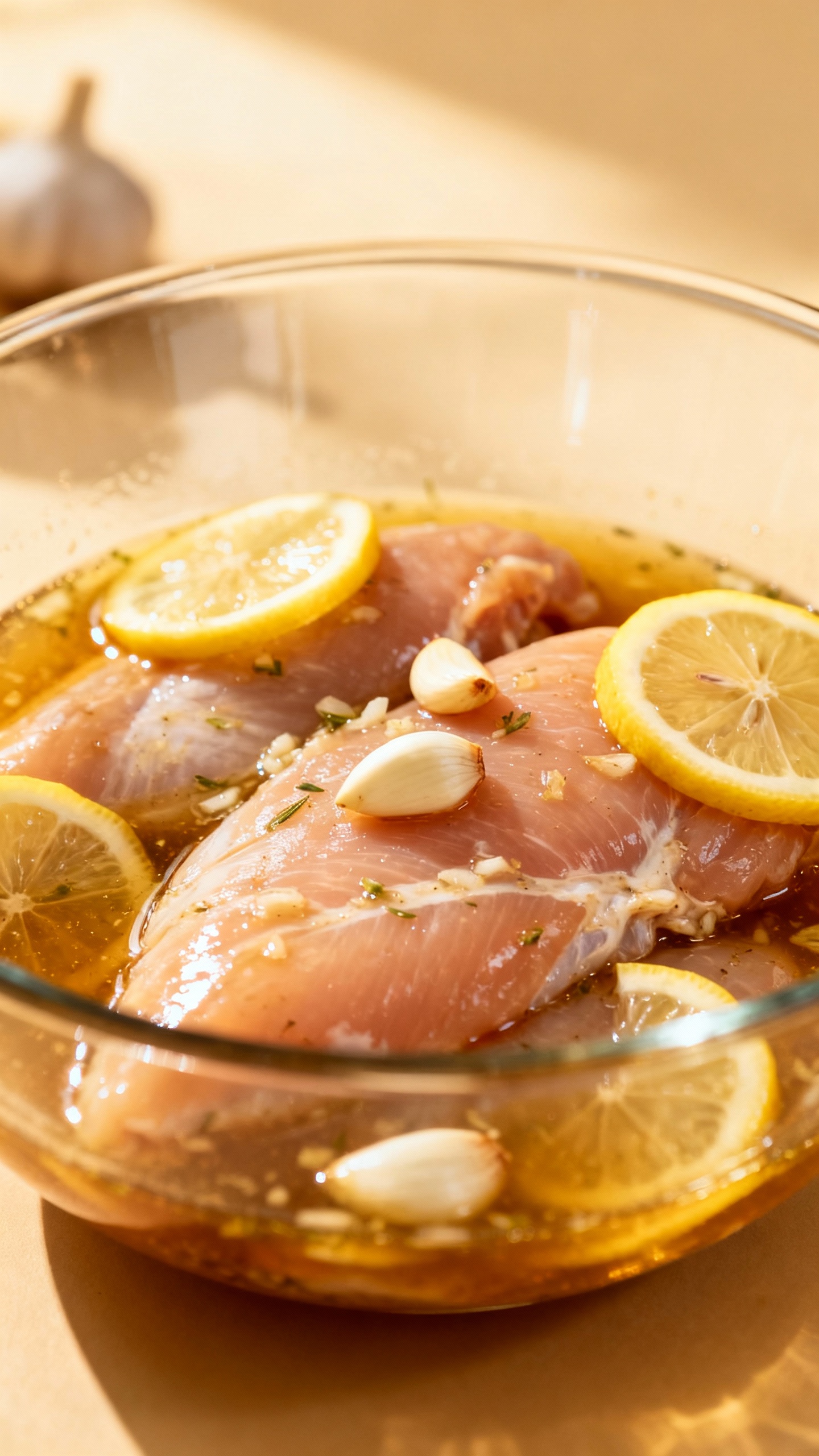 Raw chicken breasts in lemon-garlic marinade, glass bowl