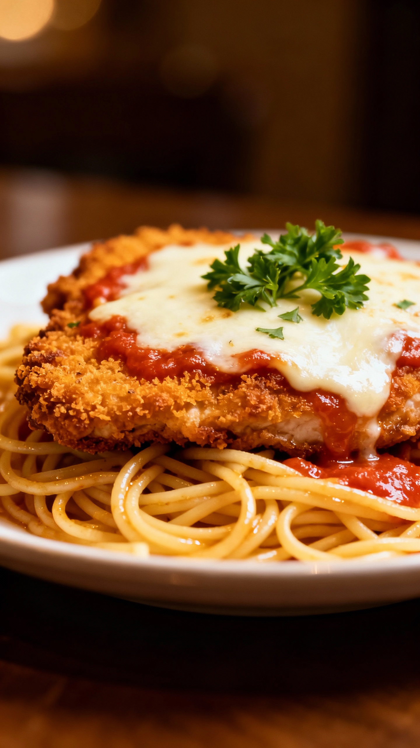 Chicken parm over spaghetti, parsley garnish, studio lighting