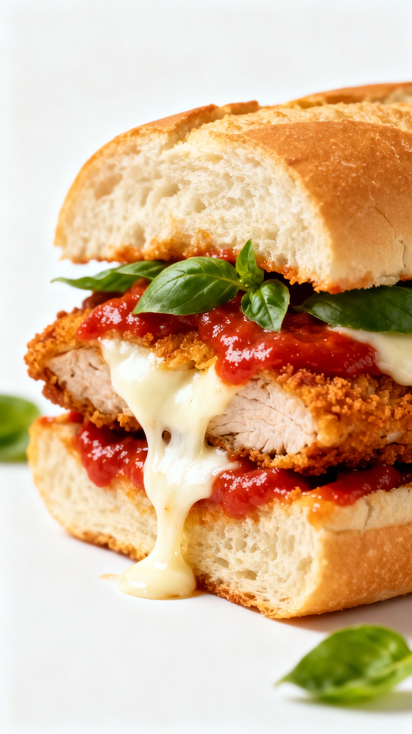 Chicken parm sub with mozzarella stretch, clean white backdrop