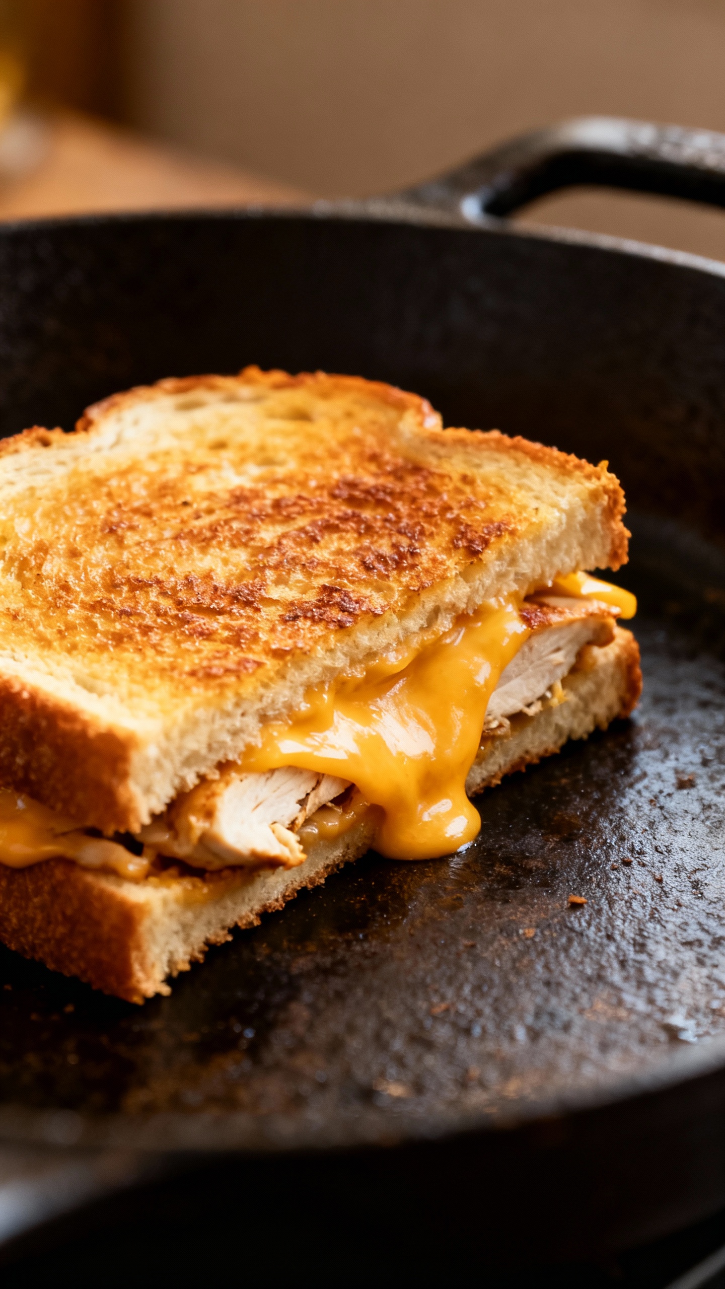 toasted chicken melt sandwich on cast-iron skillet