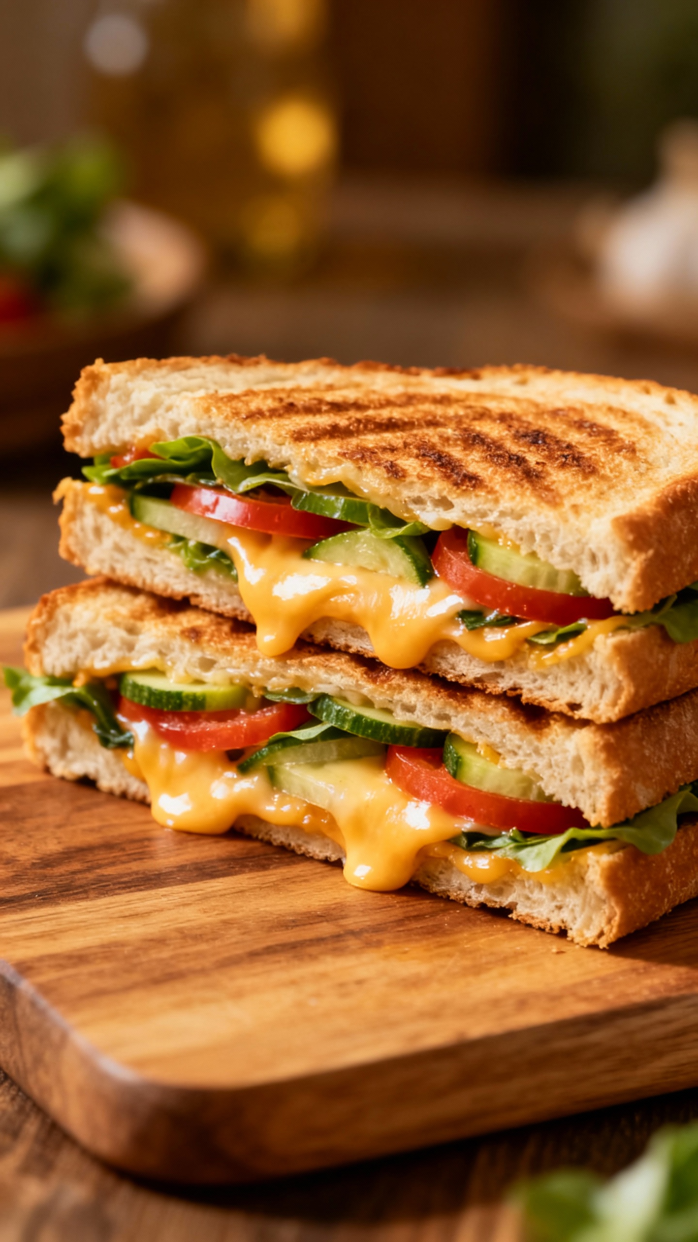 veggie-packed panini with melty cheese on wooden board