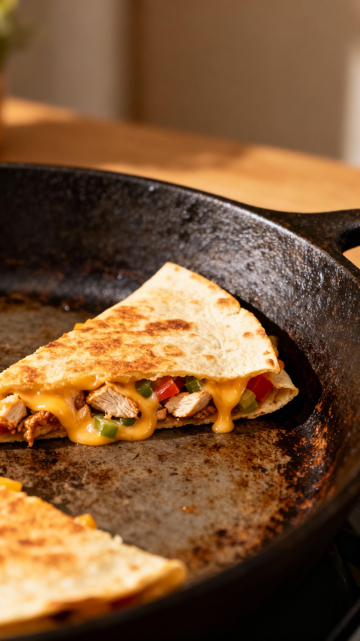 chicken and veggie quesadilla wedge on cast iron skillet