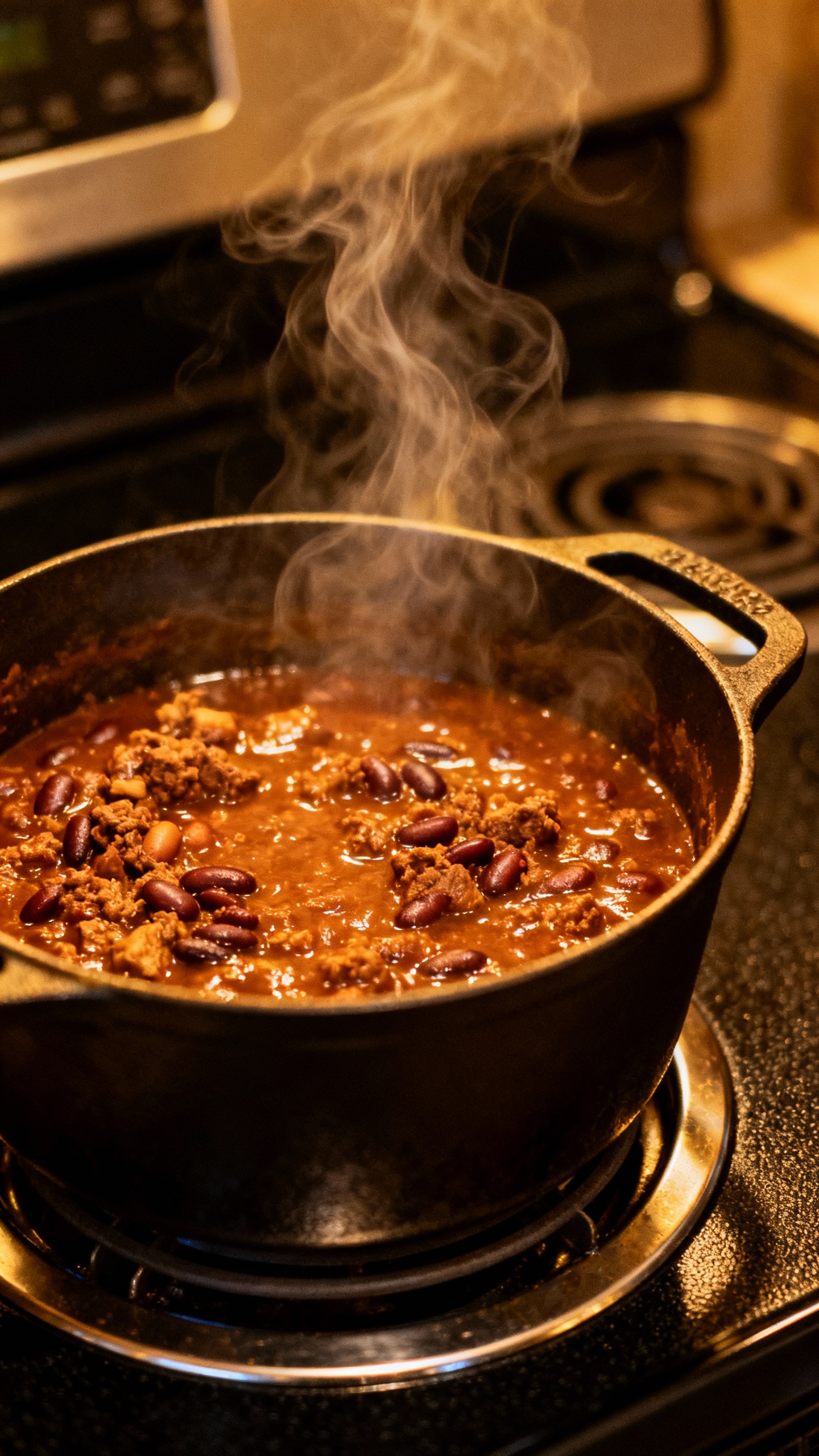 steaming pot of two-day chili on stovetop