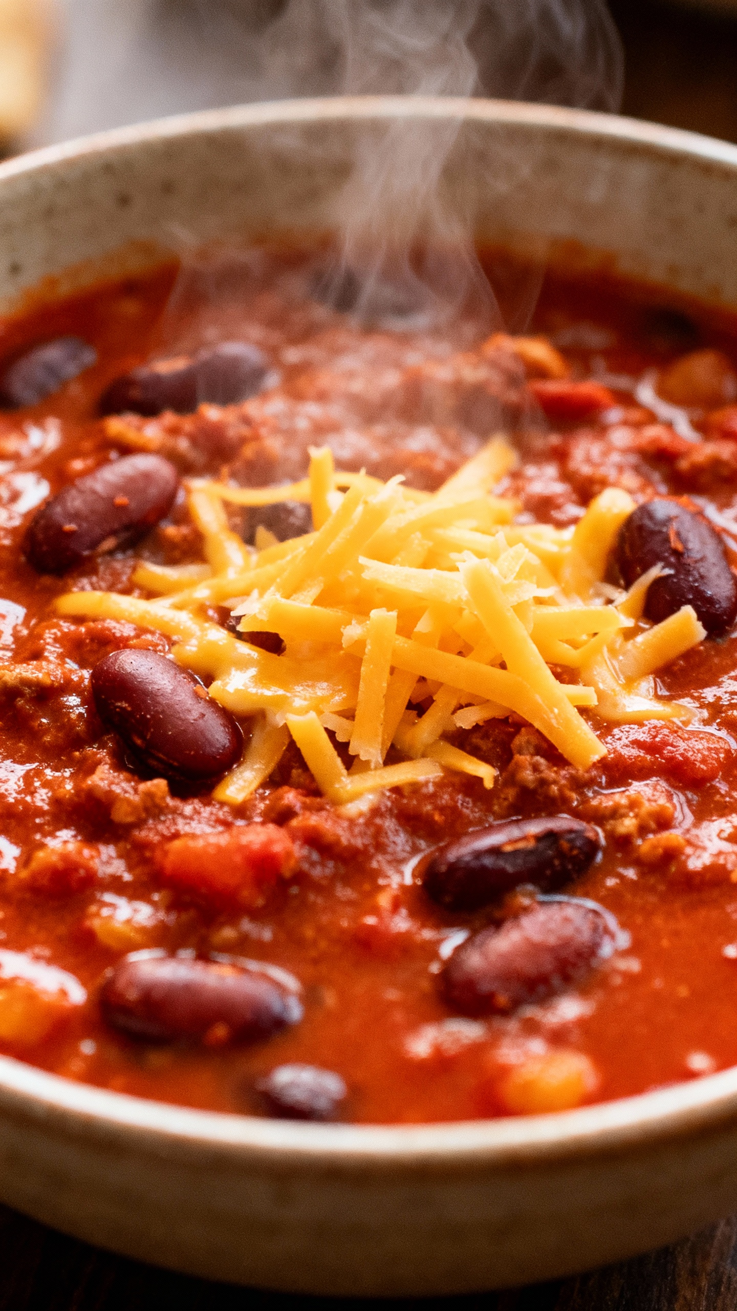 bowl of reheated chili with beans and cheese