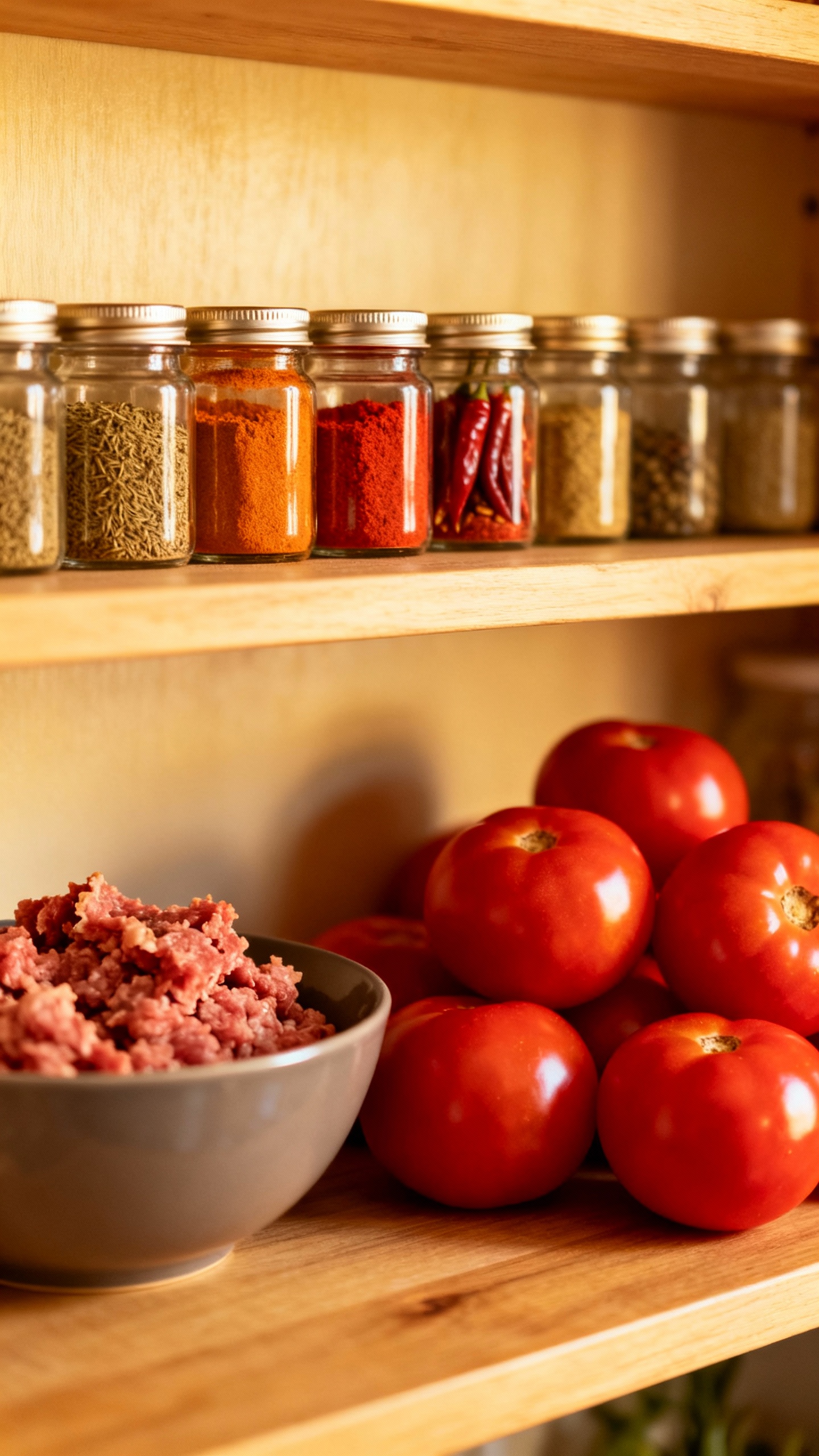 pantry spices beside ground meat and tomatoes for chili