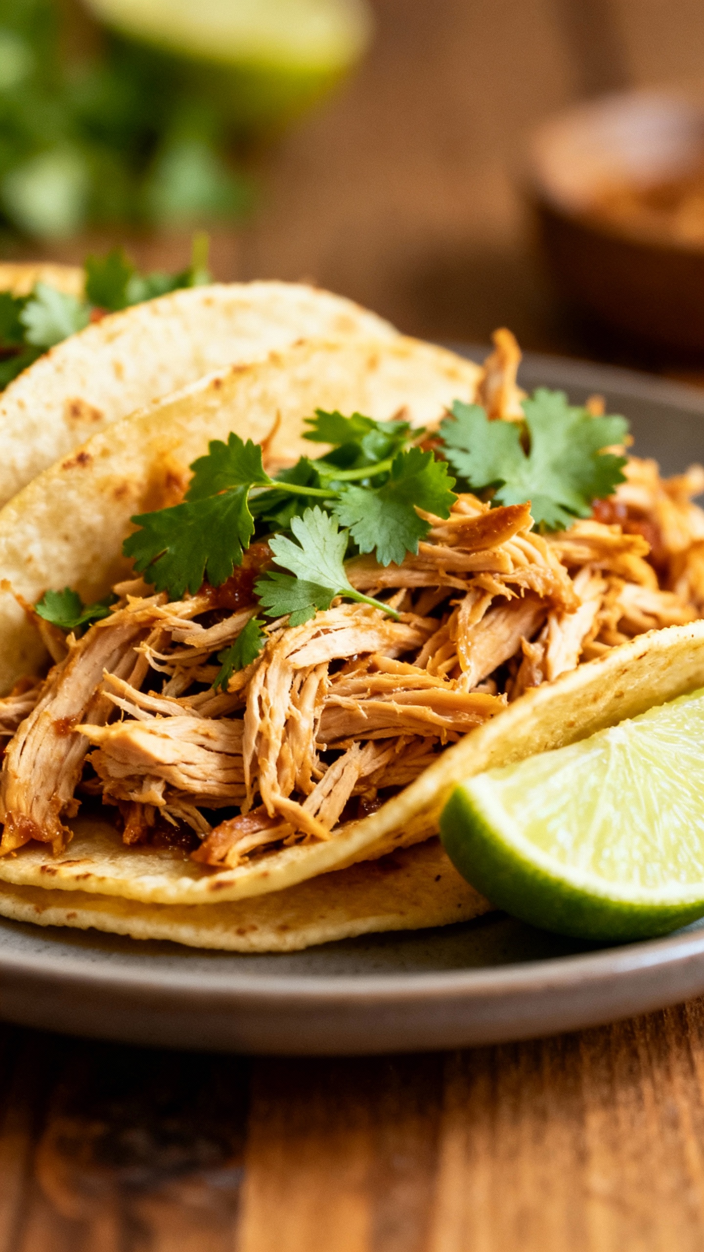 pulled slow cooker chicken tacos with cilantro and lime wedges