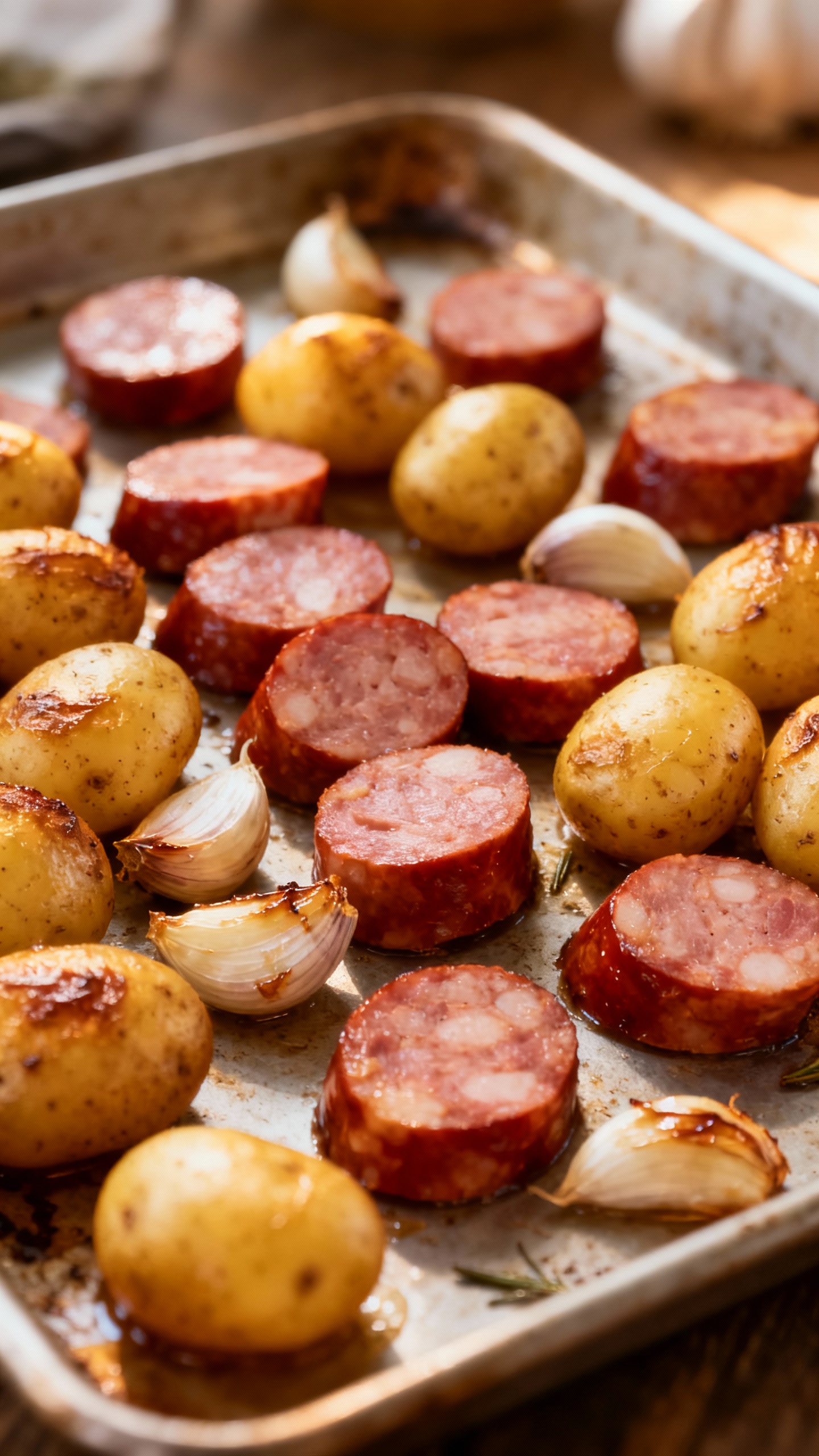 sliced kielbasa with baby potatoes, garlic, sheet pan
