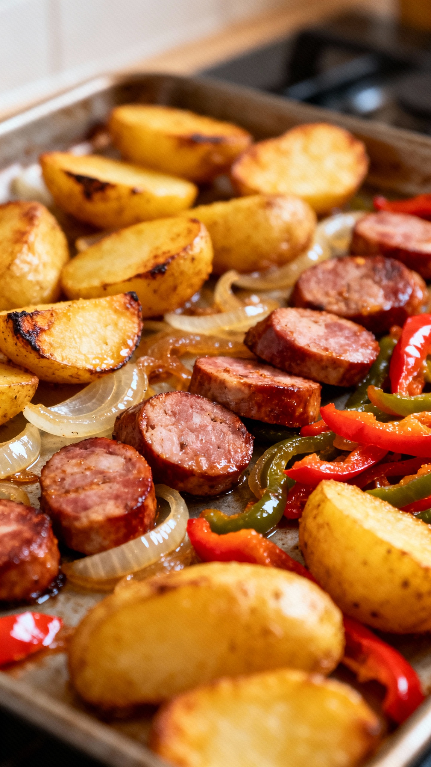 sheet pan dinner with sausage, onions, peppers, golden potatoes