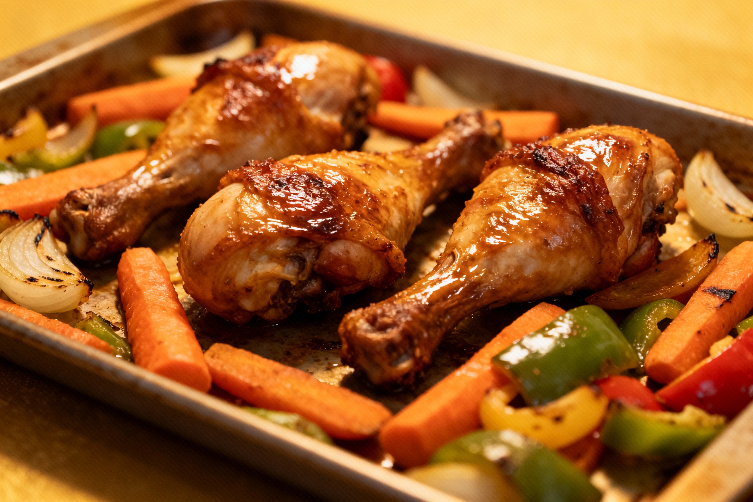 Baked chicken drumsticks with veggies