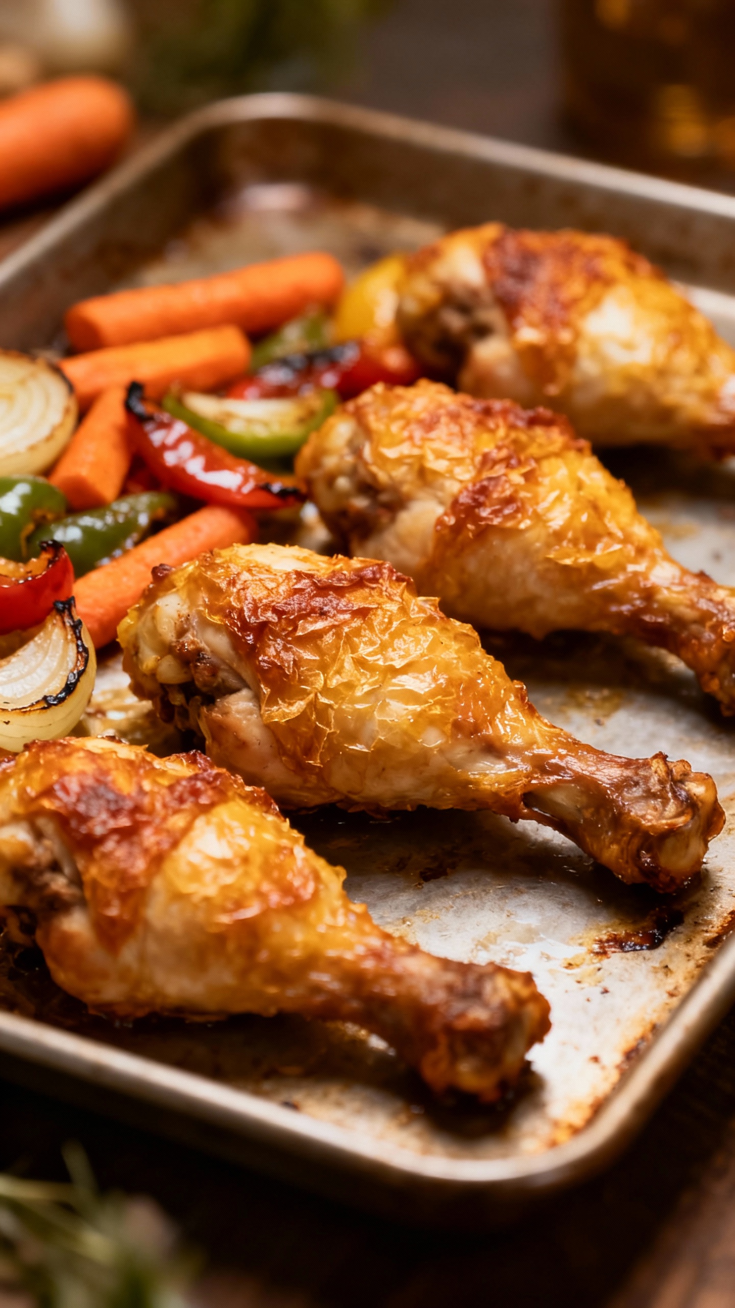 crispy baked chicken drumsticks on sheet pan with roasted veggies