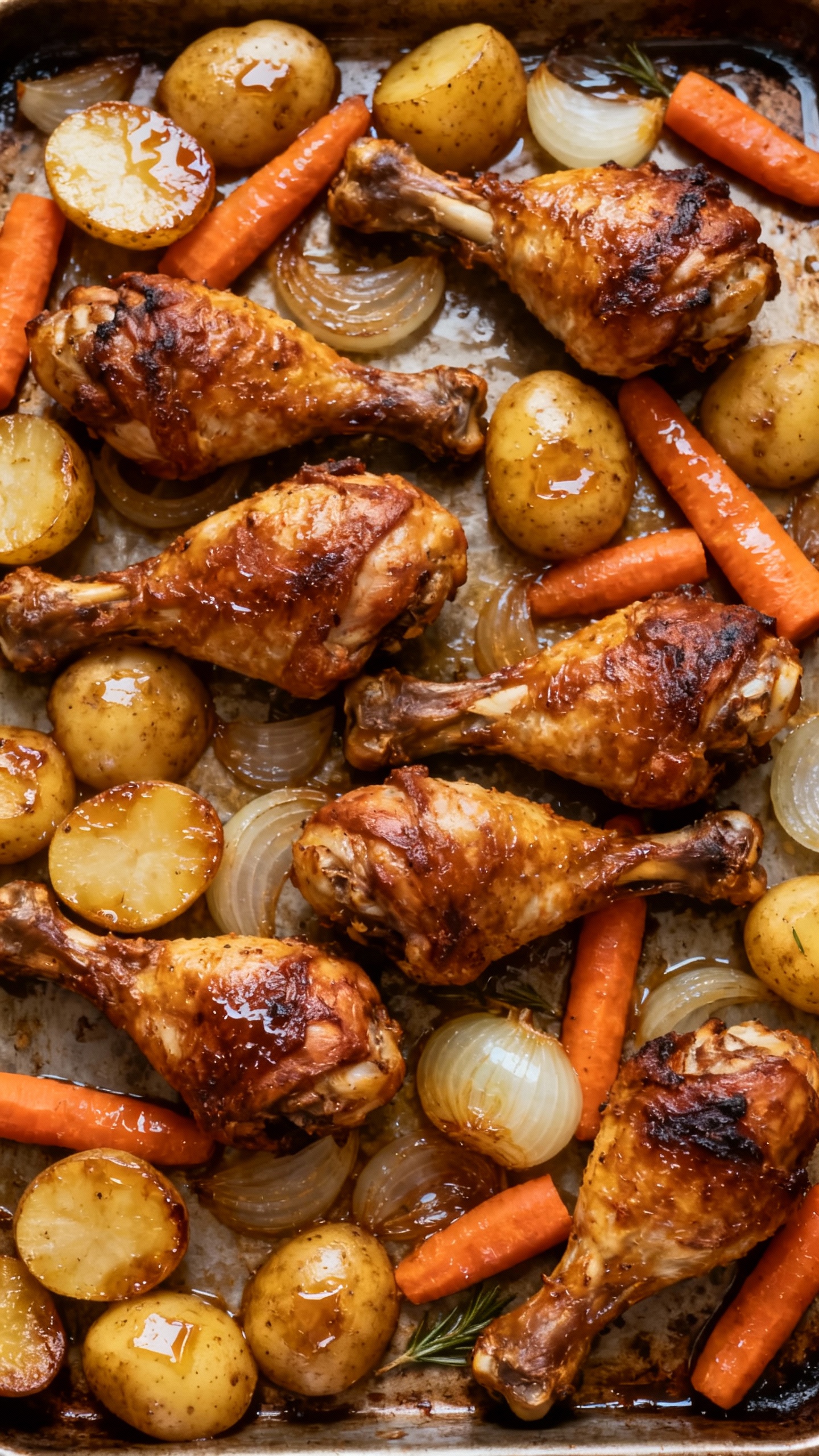 bone-in drumsticks with potatoes carrots onions, caramelized, overhead