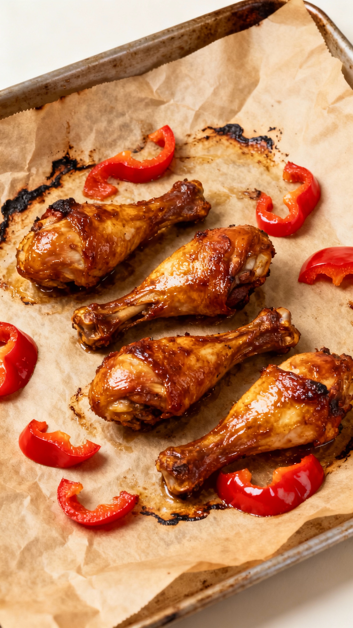 roasted drumsticks and bell peppers on parchment-lined sheet pan