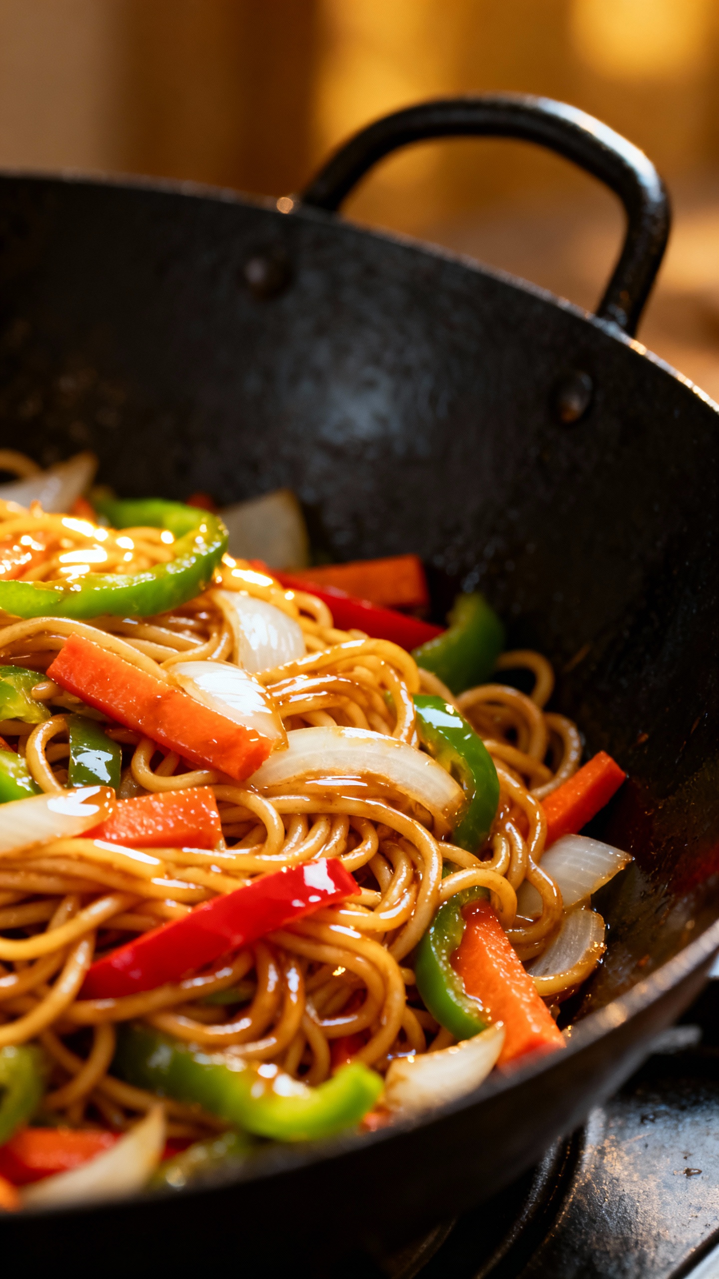 glossy veggie-loaded noodle stir-fry in black wok
