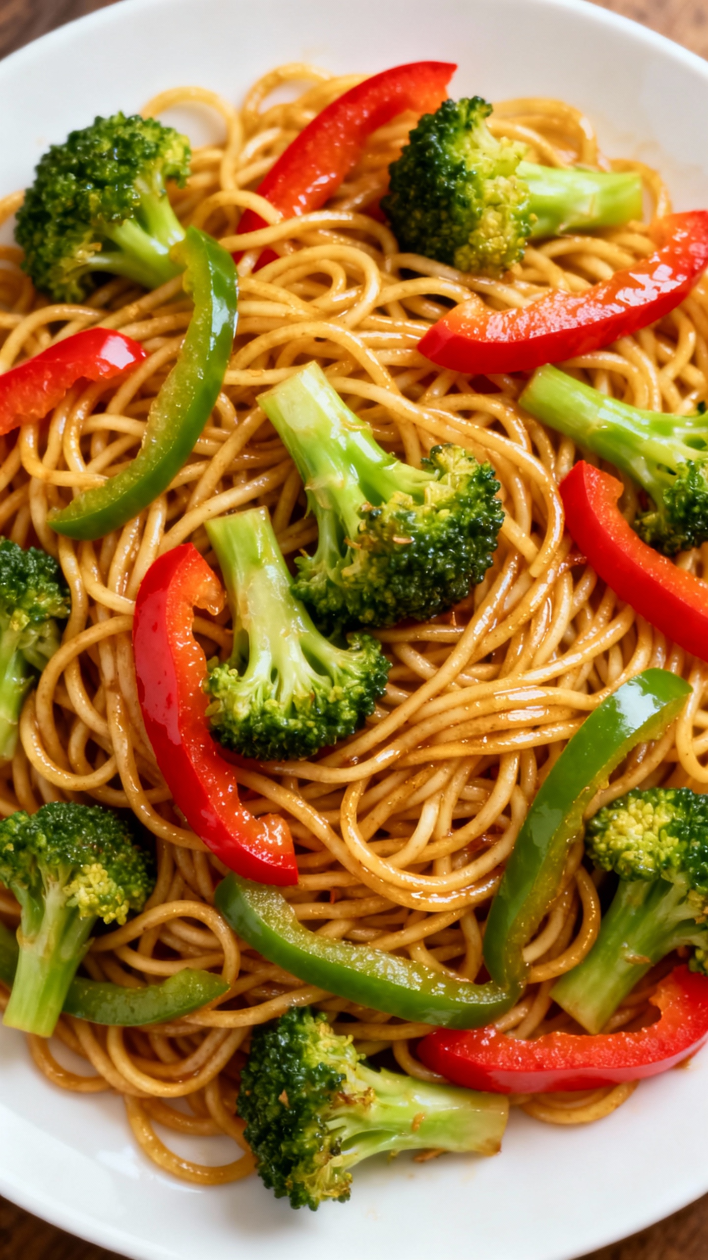 colorful stir-fry noodles with broccoli and bell peppers, overhead
