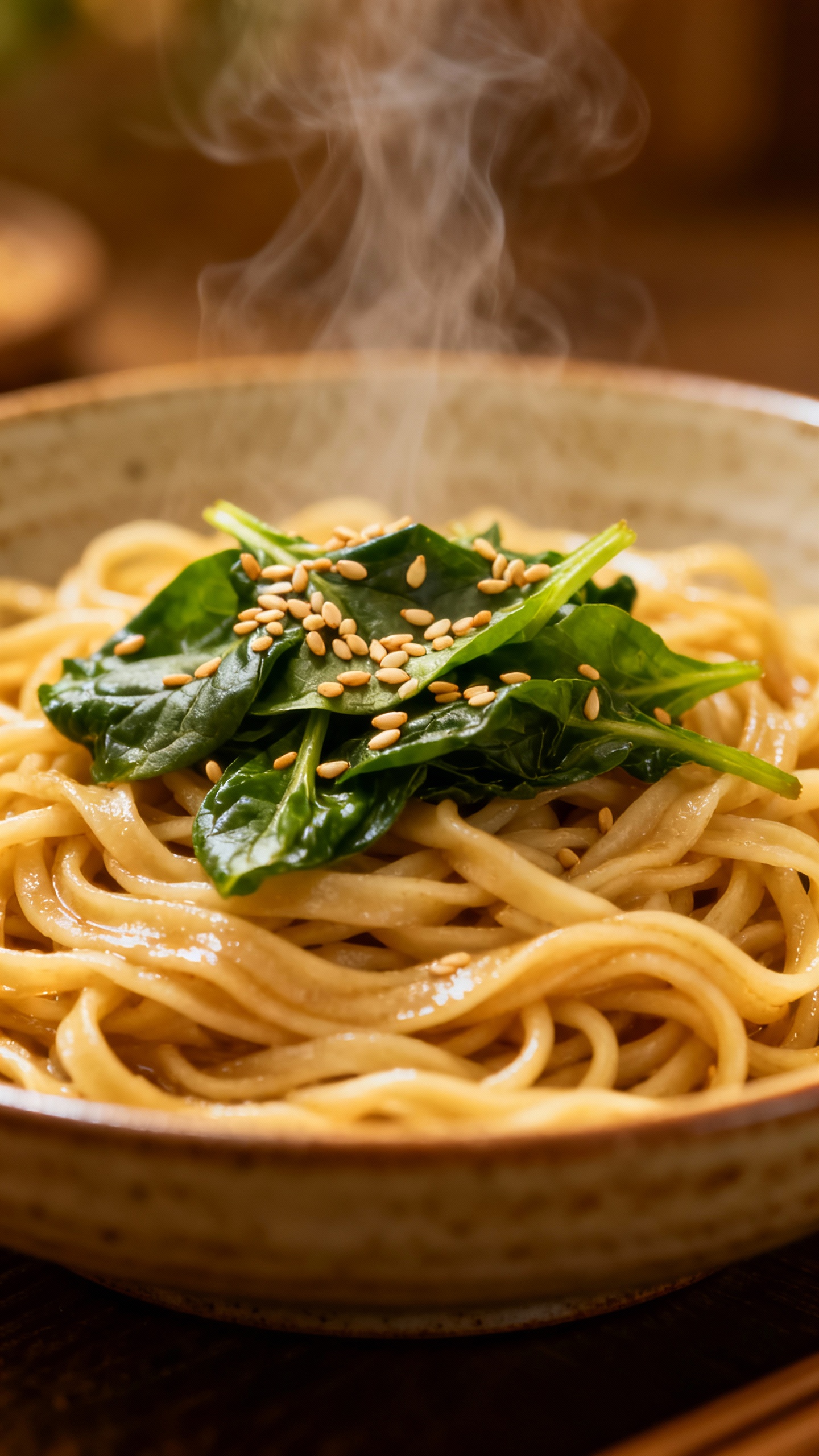 steaming noodles with spinach and sesame seeds on ceramic plate