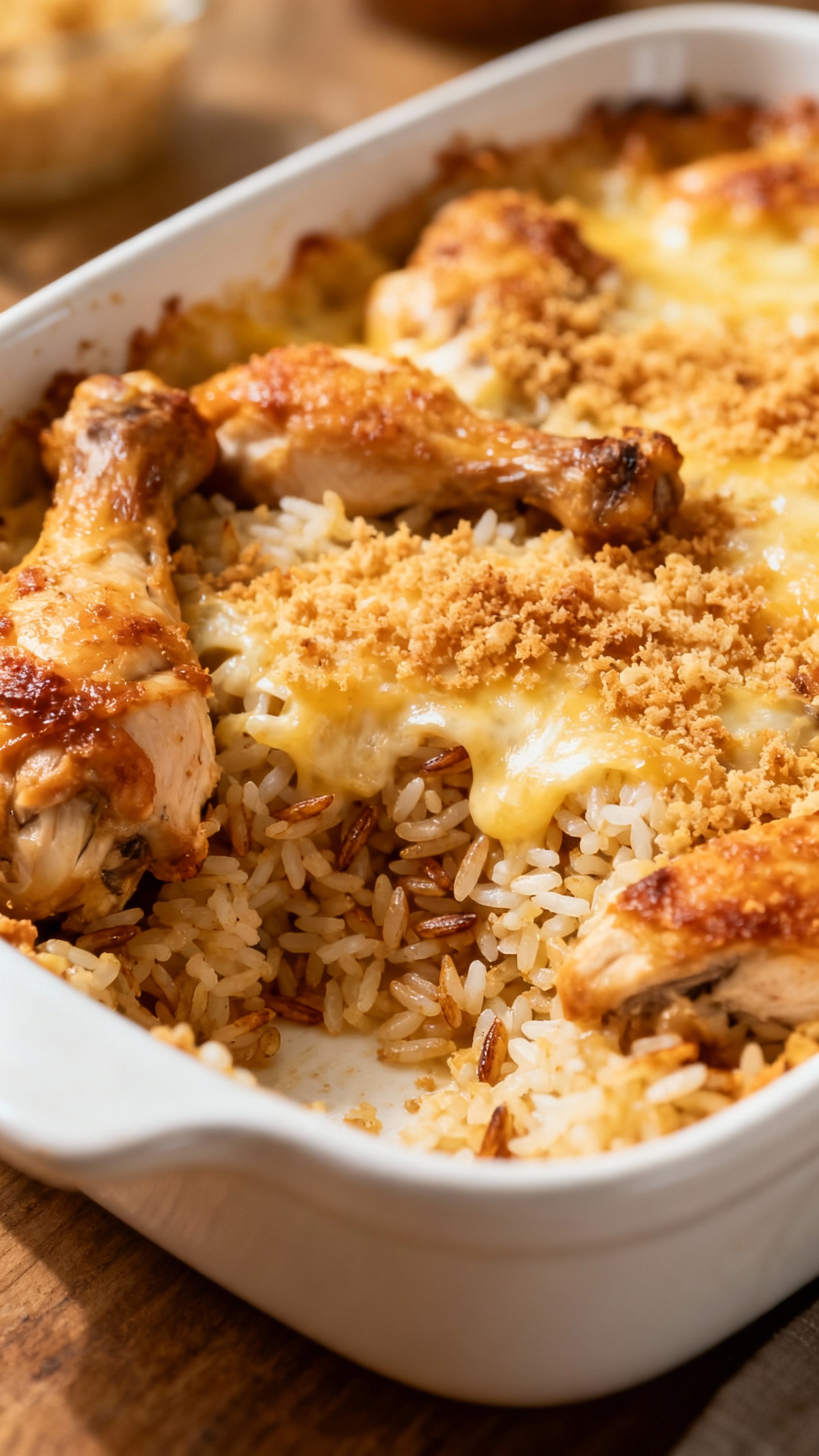 baked chicken and rice casserole in white ceramic dish