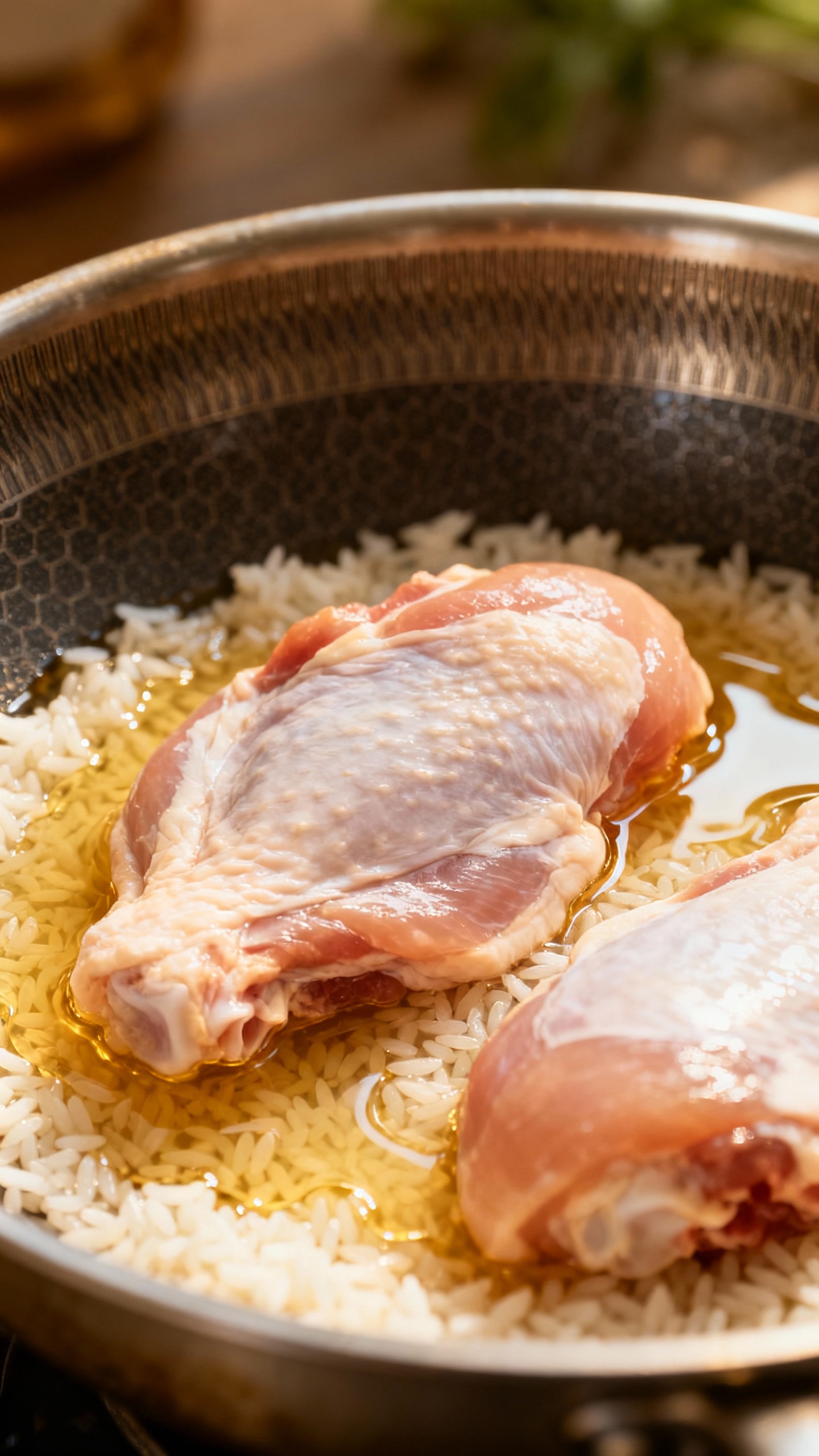 raw chicken thighs over uncooked rice with broth in pan