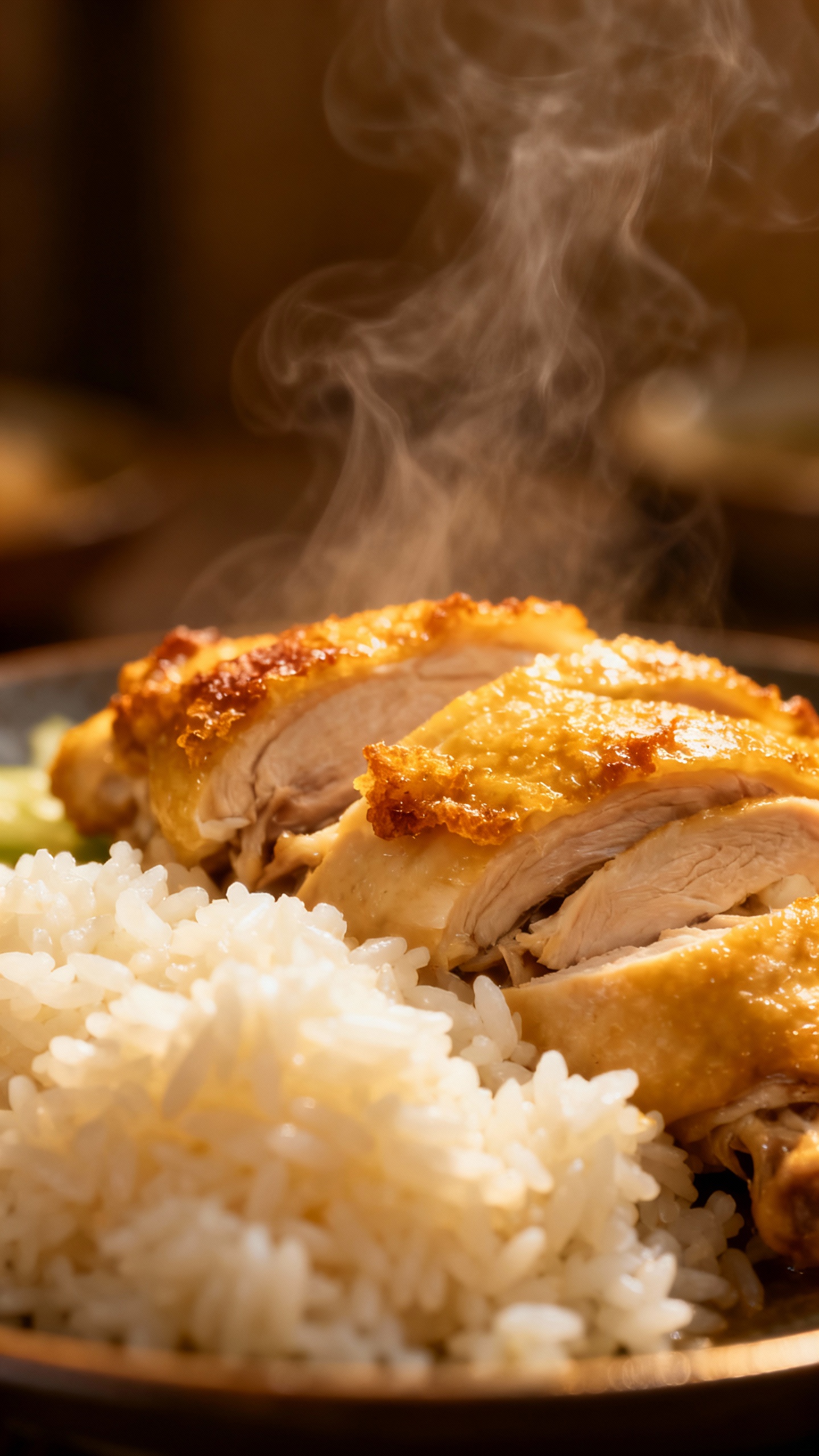 steamy fluffy rice and tender chicken close-up, golden edges