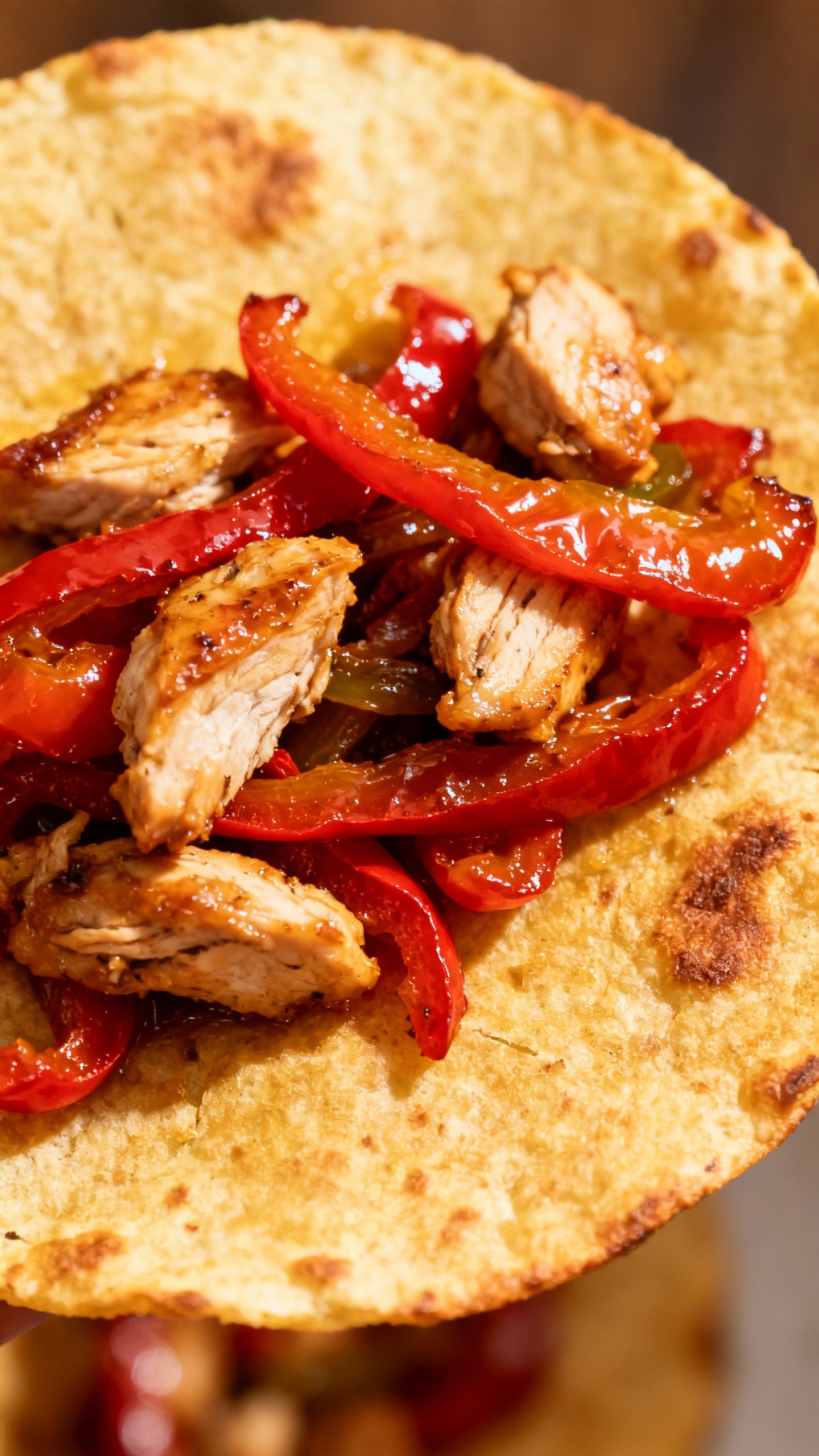 golden tortilla with caramelized peppers and chicken, overhead shot