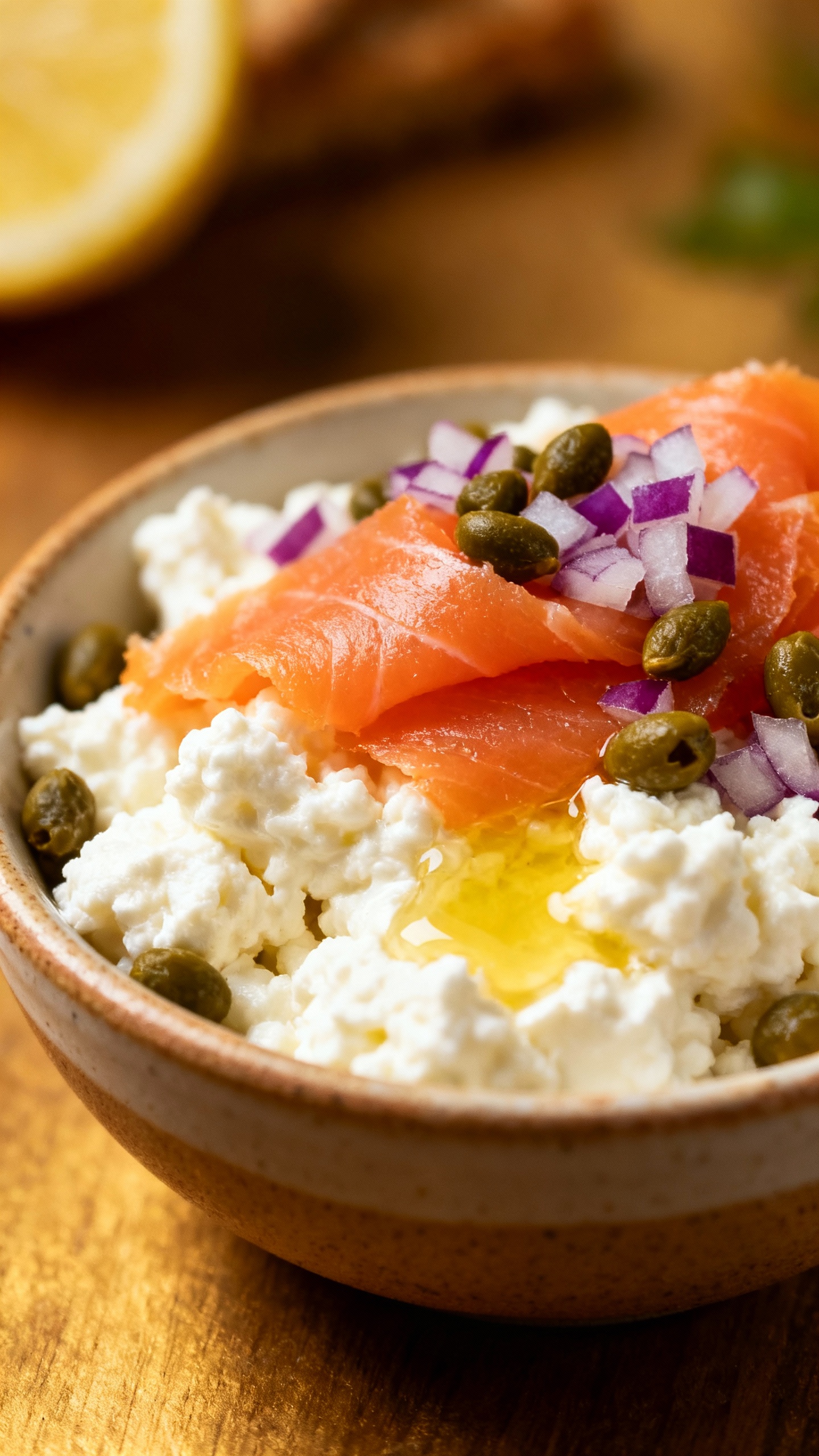 cottage cheese with smoked salmon, capers, red onion, lemon