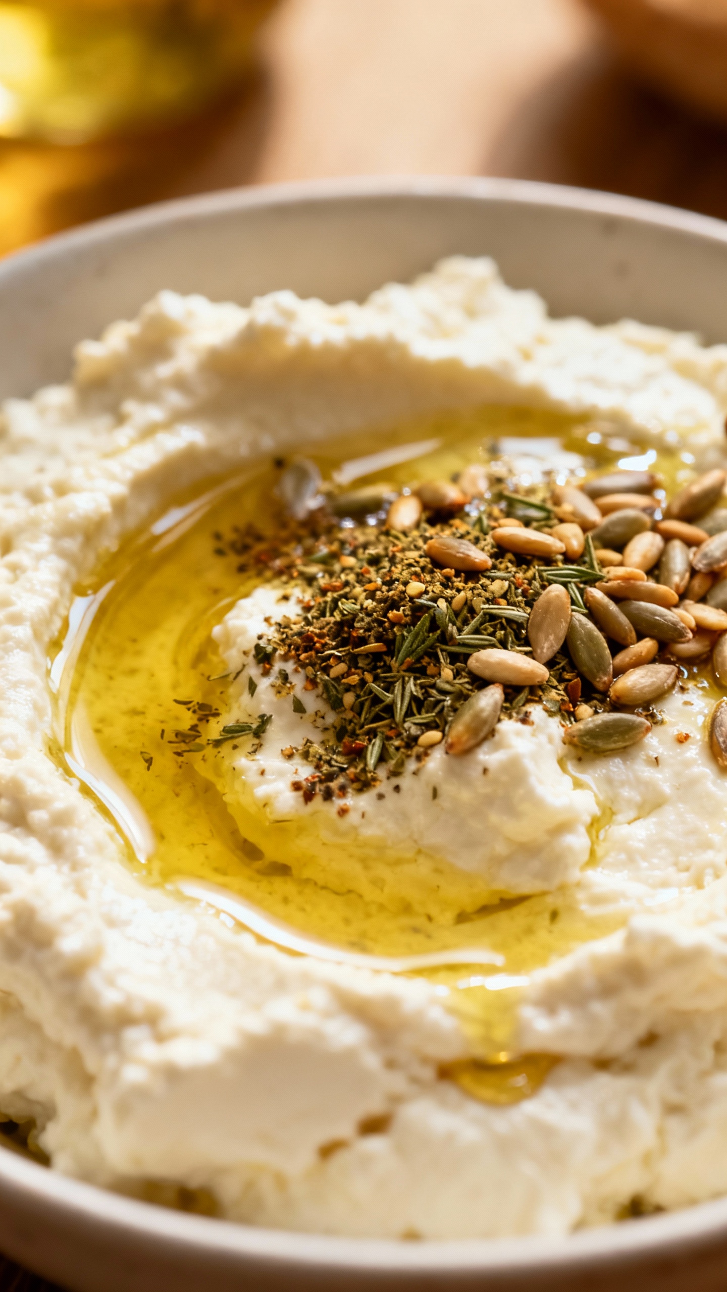 cottage cheese topped with olive oil, za’atar, crunchy seeds