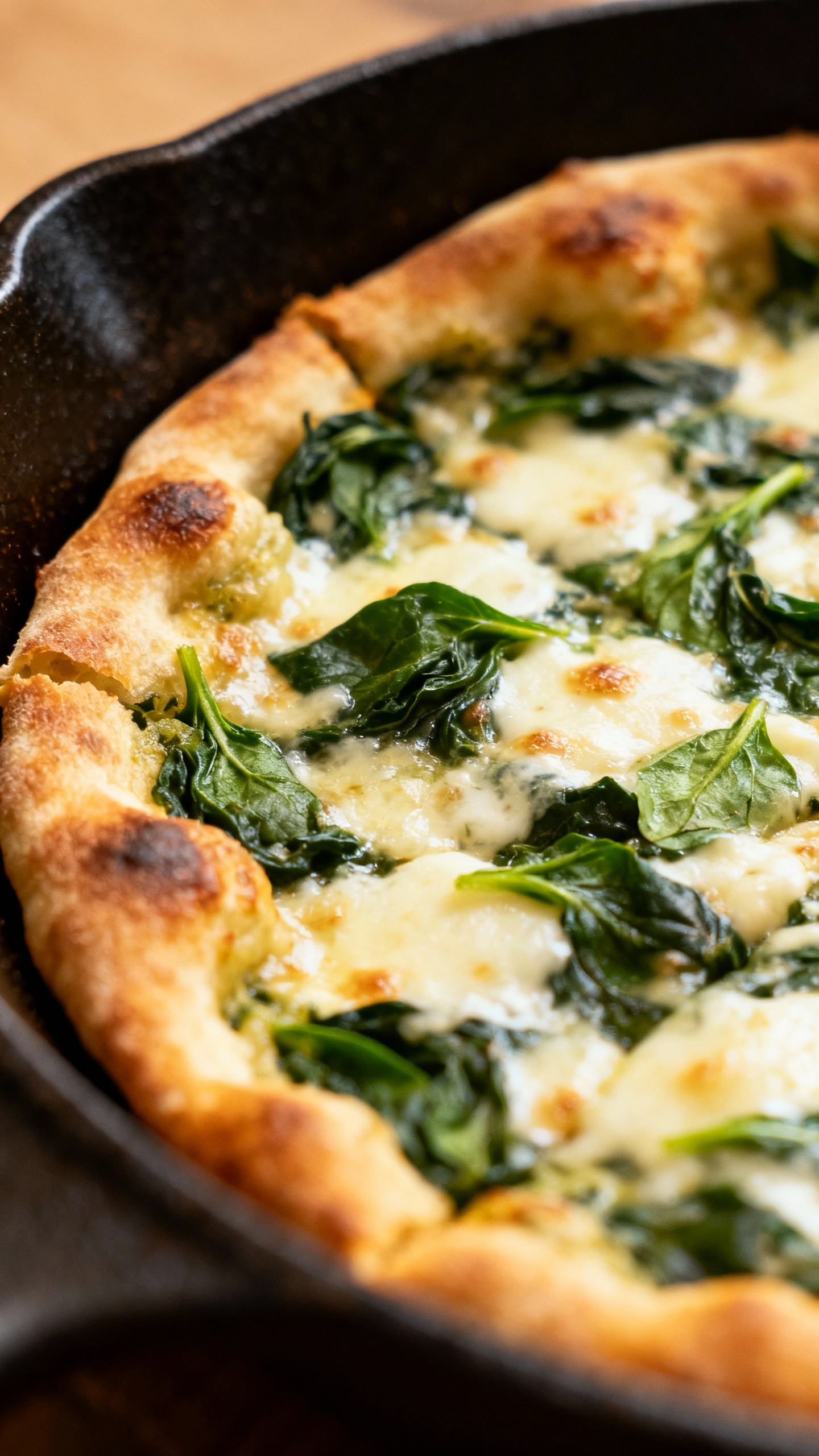 spinach and cheese flatbread in skillet, crispy edges