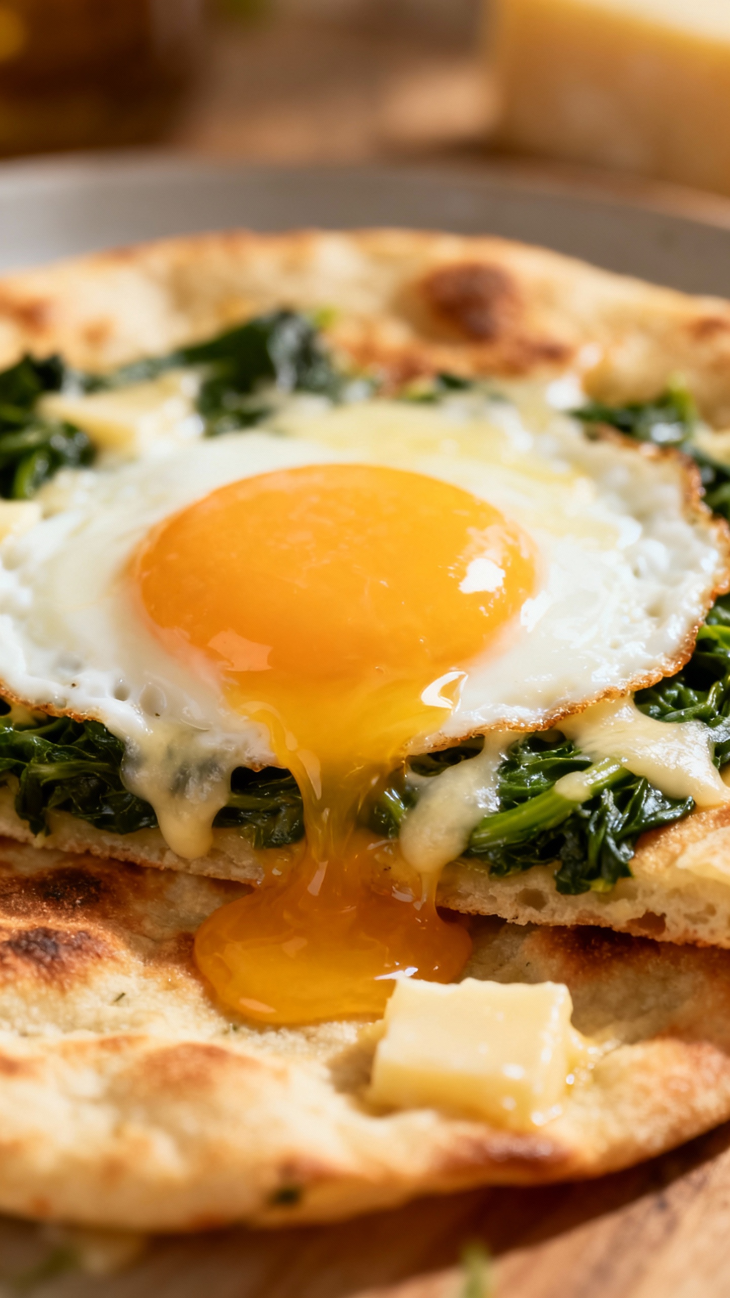 runny egg on spinach flatbread, melty cheese close-up