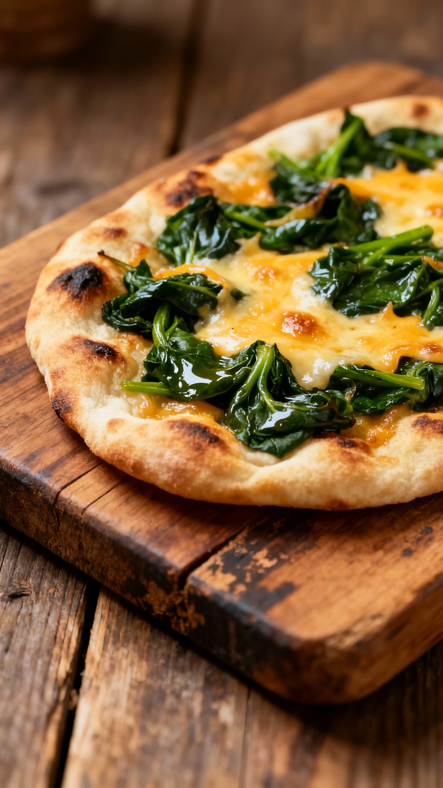 naan flatbread with sautéed spinach and cheddar, rustic board
