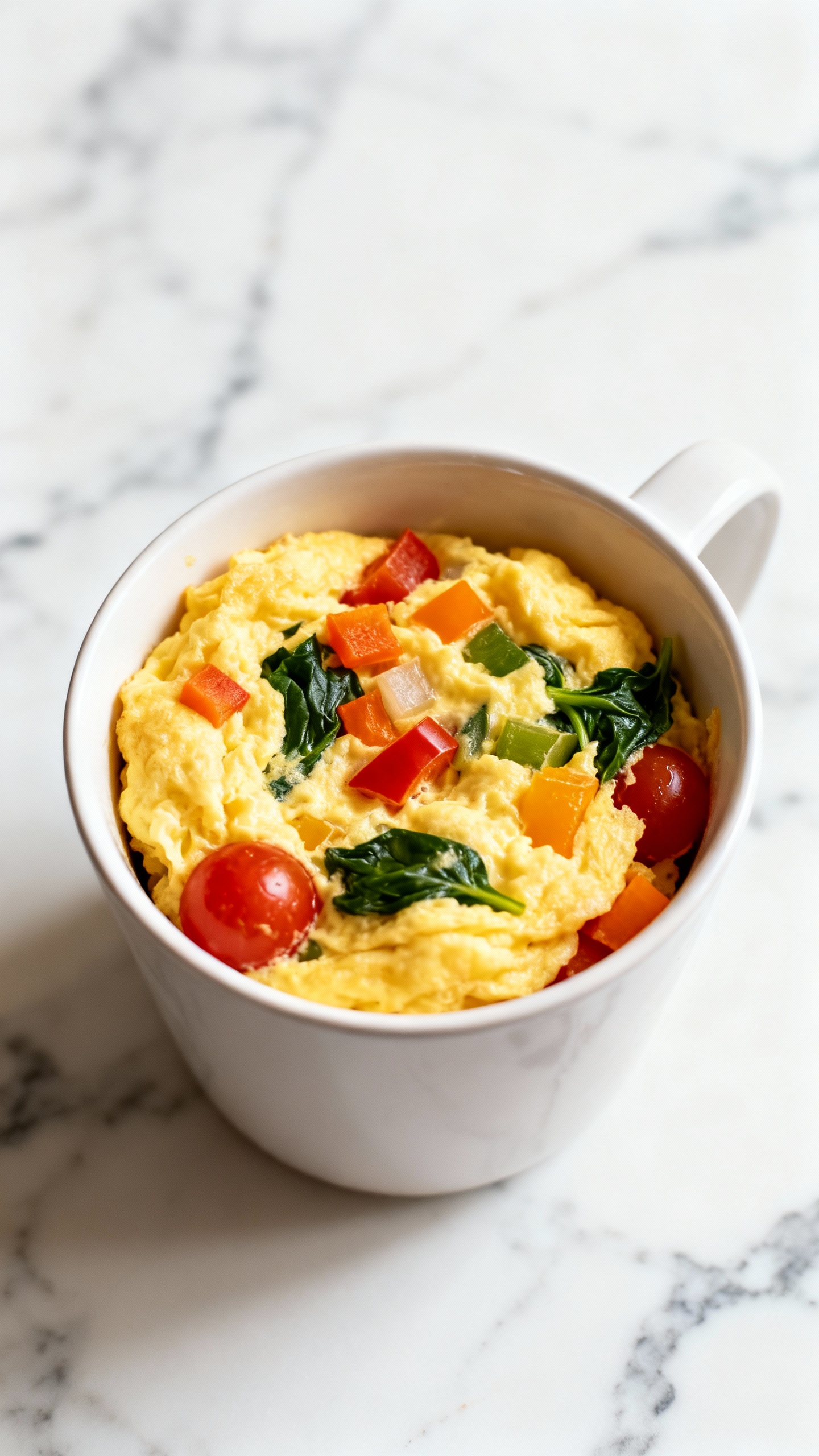 fluffy microwave mug omelet with veggies on marble countertop