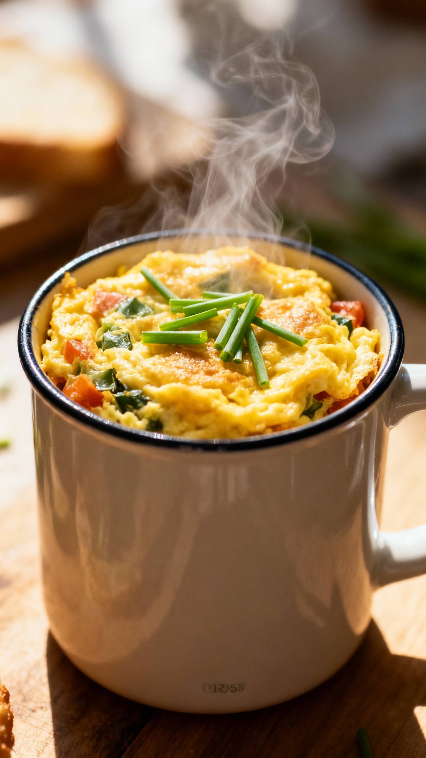 steaming veggie omelet in 16oz mug, sprinkled chives, daylight